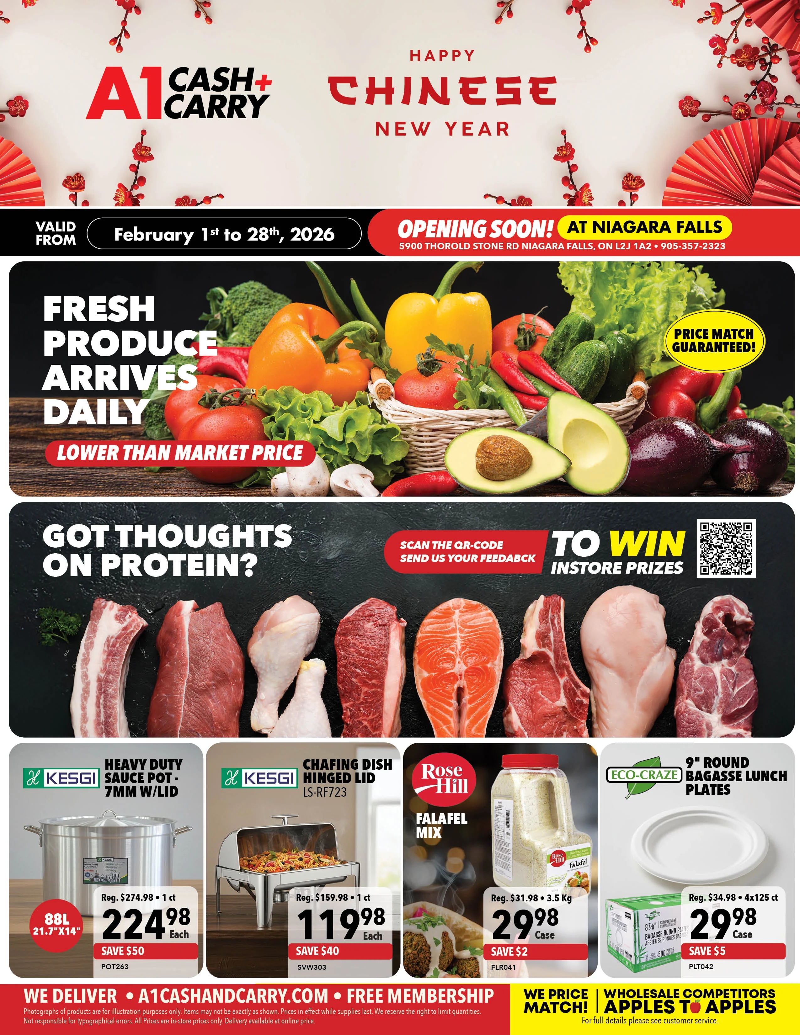 A1 Cash & Carry flyer specials valid from February 1st to 28th, 2026, featuring 'Happy Chinese New Year' and 'Opening Soon! At Niagara Falls' with store address and phone number. The page highlights 'Fresh Produce Arrives Daily' at 'Lower Than Market Price' with a 'Price Match Guaranteed!' offer. Below, 'Got Thoughts on Protein?' showcases various meats including pork belly, beef steak, chicken legs, salmon, chicken breast, and lamb shoulder. Featured products include a KESGI 88L Heavy Duty Sauce Pot (21.7'x14') for $224.98 (save $50), a KESGI Chafing Dish with Hinged Lid for $119.98 (save $40), Rose Hill Falafel Mix (3.5 Kg) for $29.98 (save $2), and ECO-CRAZE 8 7/8' Round Bagasse Lunch Plates (4x125 ct) for $29.98 (save $5). The flyer also mentions delivery services and free membership, with a 'Wholesale Competitors Match! Apples to Apples' promotion.