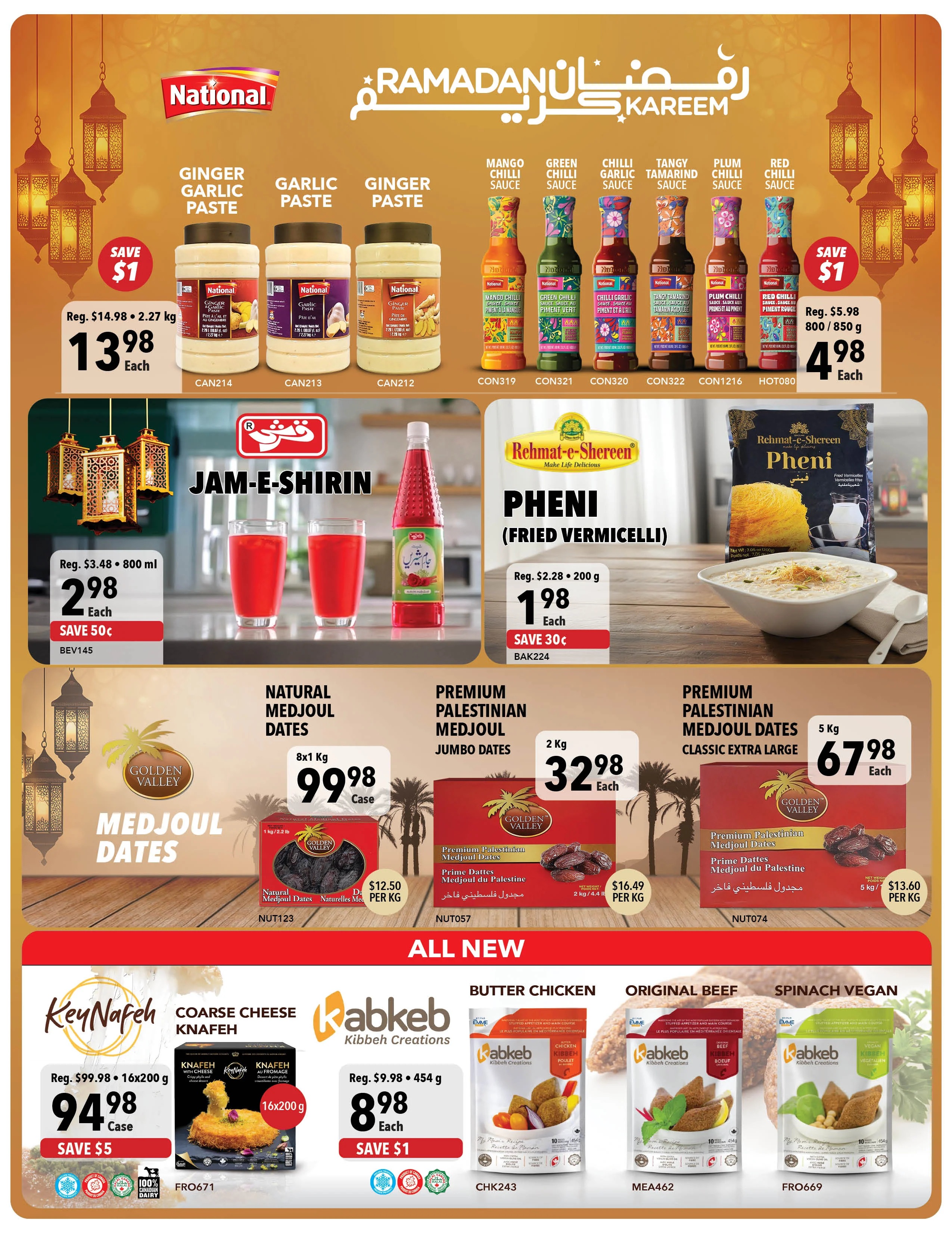 A1 Cash & Carry flyer page 3 features Ramadan specials. National brand Ginger Garlic Paste is on sale for $13.98 each (regularly $14.98 for 2.27 kg). Various National sauces including Mango Chilli Sauce, Green Chilli Sauce, Chilli Garlic Sauce, Tangy Tamarind Sauce, Plum Chilli Sauce, and Red Chilli Sauce are available for $4.98 each (regularly $5.98 for 800/850 g). Jam-e-Shirin syrup is $2.98 each (regularly $3.48 for 800 ml), with a save of 50 cents. Rehemat-e-Shereen Pheni (Fried Vermicelli) is $1.98 each (regularly $2.28 for 200 g), with a save of 30 cents. Golden Valley Medjoul Dates are featured: Natural Medjoul Dates are $9.98 per case (regularly $12.50 per kg), Premium Palestinian Medjoul Jumbo Dates are $32.98 per 2 kg case (regularly $16.49 per kg), and Premium Palestinian Medjoul Dates Classic Extra Large are $67.98 per 5 kg case (regularly $13.60 per kg). New Kibbeh Creations include: KeyNafeh Coarse Cheese Knafeh for $9.48 per case (regularly $99.98 for 16x200 g), save $5. Kibbeh Creations Butter Chicken is $8.98 each (regularly $9.98 for 454 g), save $1. Original Beef Kibbeh and Spinach Vegan Kibbeh are also available.
