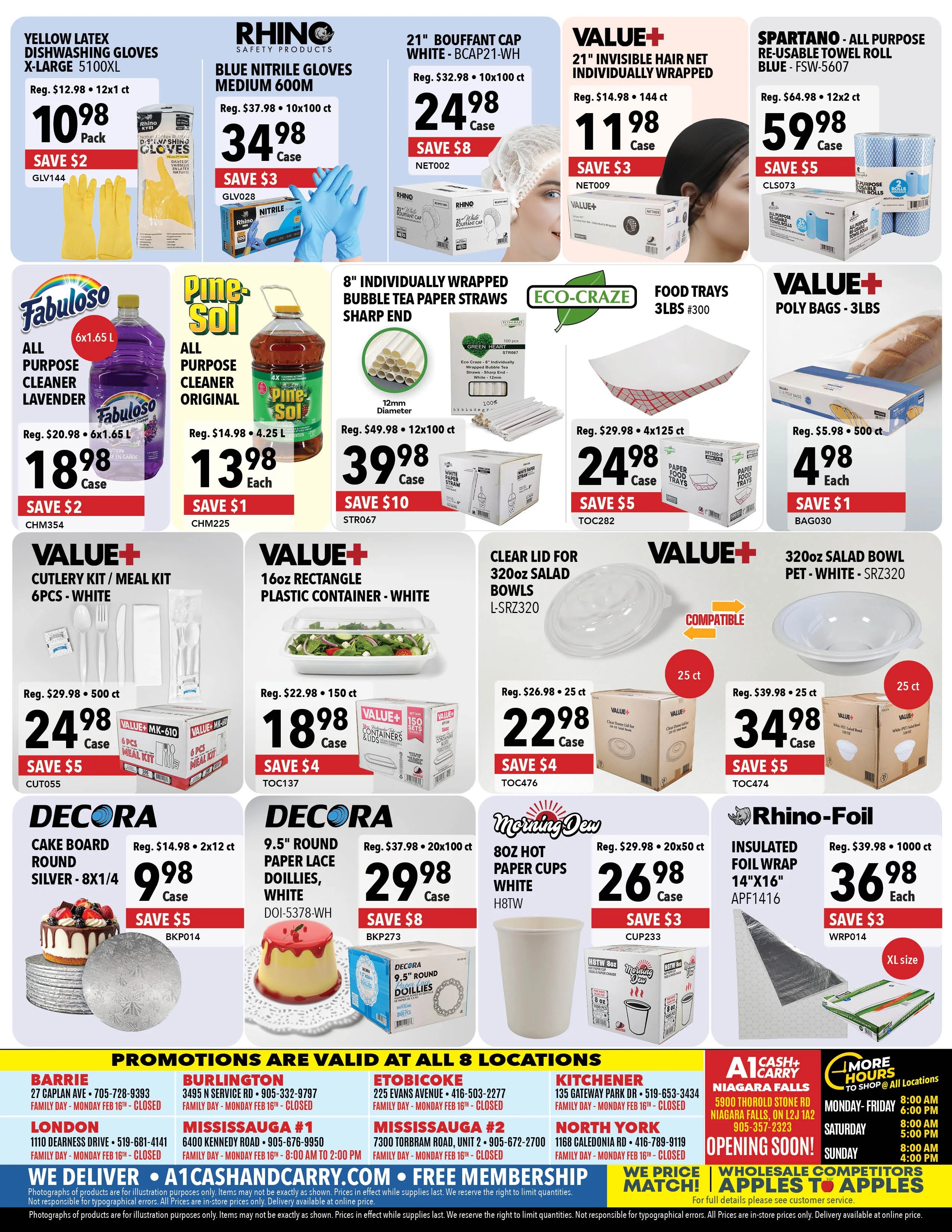 A1 Cash & Carry flyer page 8 features various wholesale products. Deals include Yellow Latex Dishwashing Gloves X-Large 5100XL for $10.98 (Save $2), Blue Nitrile Gloves Medium 600M for $34.98 (Save $3), and Spartano All Purpose Re-usable Towel Roll Blue for $59.98 (Save $5). Also available are 21' Bouffant Caps White for $24.98 (Save $8), 21' Invisible Hair Nets Individually Wrapped for $11.98 (Save $3), and 8' Individually Wrapped Bubble Tea Paper Straws Sharp End for $39.98 (Save $10). Cleaning supplies include Fabuloso All Purpose Cleaner Lavender 6x1.65L for $18.98 (Save $2) and Pine-Sol All Purpose Cleaner Original 4.25L for $13.98 (Save $1). Food service items include Value+ Food Trays 3LBS for $24.98 (Save $5), Value+ Poly Bags 3LBS for $4.98 (Save $1), Value+ Cutlery Kit/Meal Kit 6pcs - White for $24.98 (Save $5), Value+ 16oz Rectangular Plastic Container - White for $18.98 (Save $4), Clear Lid for 320oz Salad Bowls for $22.98 (Save $4), Value+ 320oz Salad Bowl Pet - White for $34.98 (Save $5), Decora Cake Board Round Silver 8x1/4 for $9.98 (Save $5), Decora 9.5' Round Paper Lace Doilies White for $29.98 (Save $8), Morning Dew 8oz Hot Paper Cups White for $26.98 (Save $3), and Rhino-Foil Insulated Foil Wrap 14'x16' for $36.98 (Save $3). The flyer also lists store locations and operating hours, with Niagara Falls opening soon.