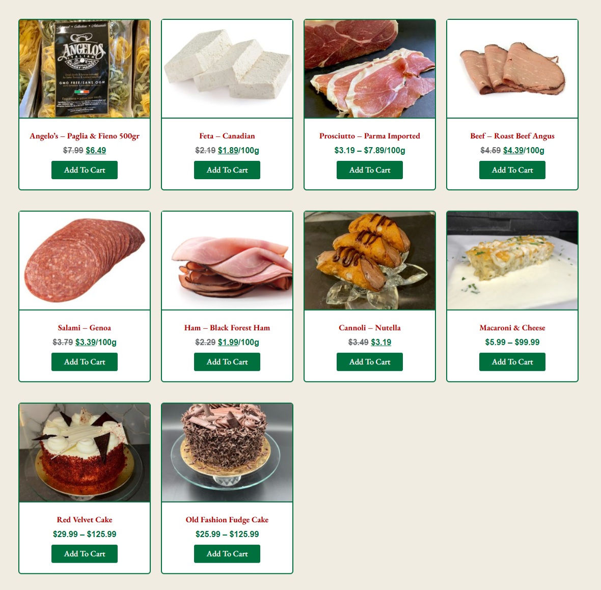 Angelo's Italian Market flyer specials page 2 features a selection of Italian food products. Items include Angelo's Paglia & Fieno pasta for $6.49, Canadian Feta cheese for $1.89/100g, Parma Imported Prosciutto from $3.19 to $7.89/100g, and Beef Roast Angus for $4.39/100g. Also available are Salami Genoa for $3.39/100g, Black Forest Ham for $1.99/100g, Nutella Cannoli for $3.19, and Macaroni & Cheese from $5.99 to $99.99. Sweet treats include Red Velvet Cake from $29.99 to $125.99 and Old Fashion Fudge Cake from $25.99 to $125.99.