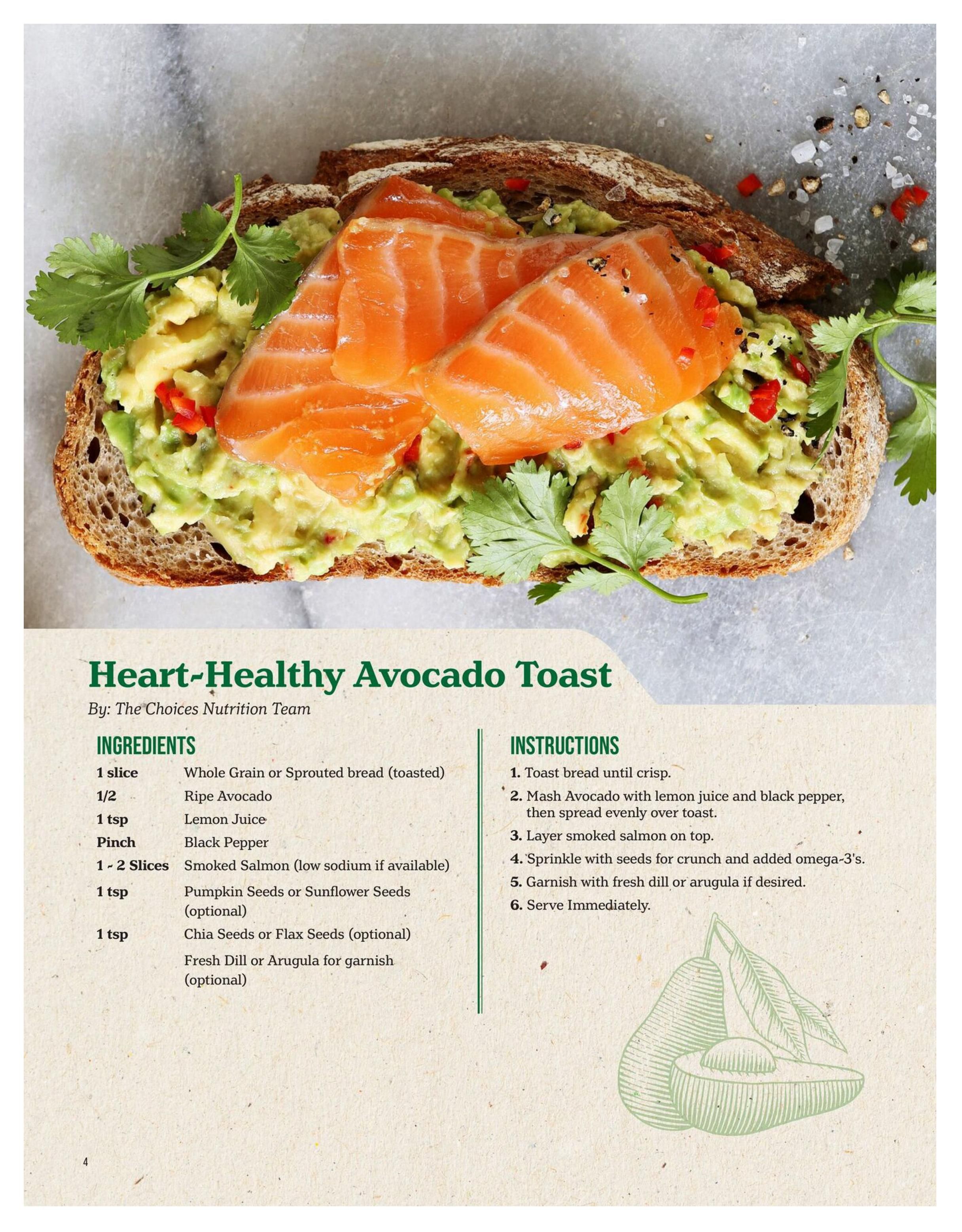Choices Markets flyer page 4 features a recipe for Heart-Healthy Avocado Toast by The Choices Nutrition Team. Ingredients include 1 slice of Whole Grain or Sprouted bread (toasted), 1/2 ripe avocado, 1 tsp lemon juice, a pinch of black pepper, 1-2 slices of smoked salmon (low sodium if available), and 1 tsp pumpkin seeds or sunflower seeds (optional). Optional garnish includes fresh dill or arugula. Instructions guide the user to toast the bread, mash the avocado with lemon juice and black pepper, spread it on the toast, layer with smoked salmon, sprinkle with seeds, and garnish. An illustration of avocados is also present.