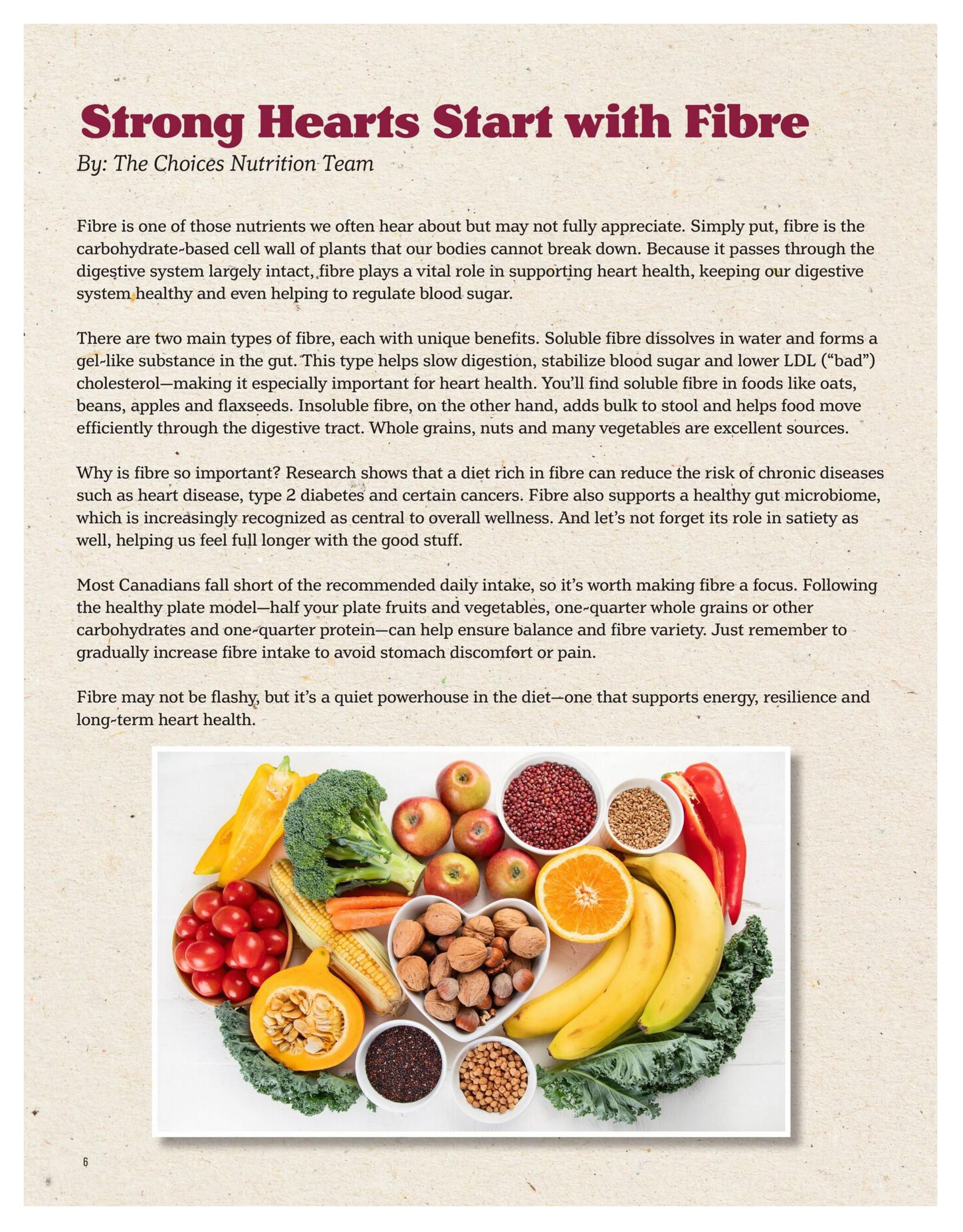 Choices Markets flyer page 6, featuring an article titled 'Strong Hearts Start with Fibre' by The Choices Nutrition Team. The article discusses the importance of fibre for heart health, digestion, and overall wellness, explaining the benefits of soluble and insoluble fibre. It highlights foods rich in fibre, such as whole grains, nuts, vegetables, and fruits. The page includes a vibrant image showcasing a variety of fibre-rich foods including broccoli, carrots, tomatoes, bell peppers, corn, squash, apples, oranges, bananas, walnuts, hazelnuts, quinoa, chickpeas, and kidney beans.