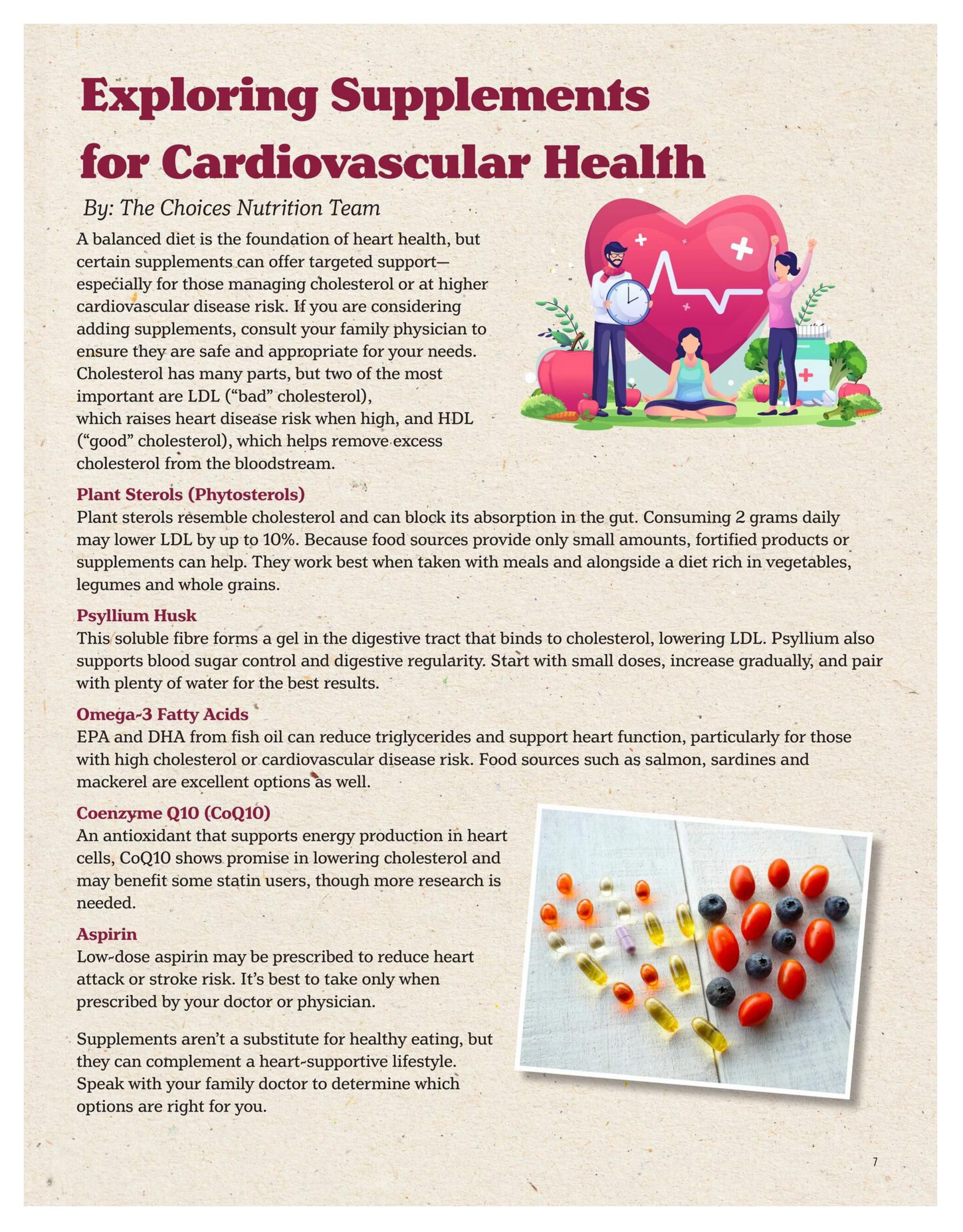 Choices Markets flyer, page 7, titled 'Exploring Supplements for Cardiovascular Health' by The Choices Nutrition Team. The page discusses supplements that can support heart health, including Plant Sterols (Phytosterols) which may lower LDL cholesterol, Psyllium Husk for blood sugar control and digestive regularity, Omega-3 Fatty Acids (EPA and DHA) from fish oil sources like salmon and sardines to reduce triglycerides, and Coenzyme Q10 (CoQ10) for energy production. It also mentions low-dose Aspirin for reducing heart attack or stroke risk, emphasizing consultation with a doctor. The page features an illustration of people practicing yoga and healthy foods, and a close-up image of various supplements, blueberries, and cherry tomatoes.