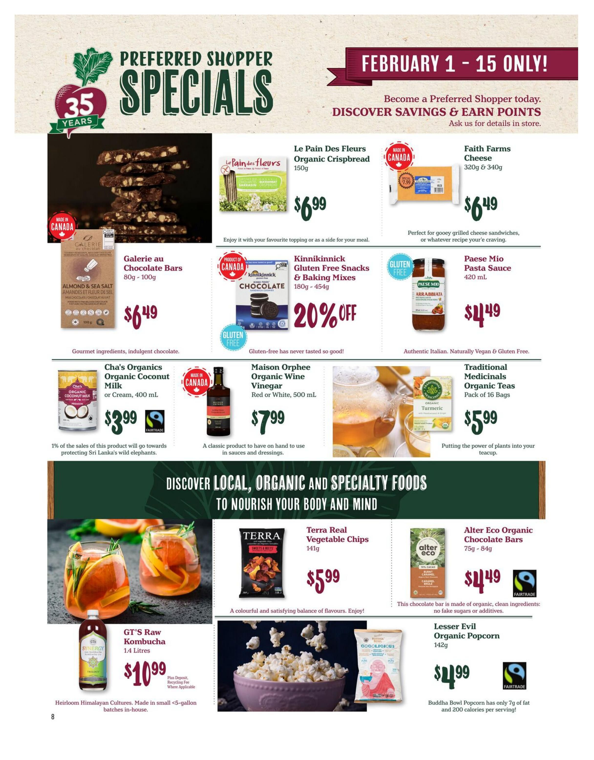 Choices Markets Preferred Shopper Specials flyer, page 8, featuring February 1-15 deals. Highlights include Galerie au Chocolat Bars Almond & Sea Salt for $6.49, Le Pain Des Fleurs Organic Crispbread 150g for $6.99, Kinnikinnick Gluten Free Snacks & Baking Mixes with 20% off, Paese Mio Pasta Sauce 420 mL for $4.49, Cha's Organics Organic Coconut Milk or Cream 400 mL for $3.99, Maison Orphee Organic Vinegar (Red or White) 500 mL for $7.99, and Traditional Medicinals Organic Teas (Pack of 16 Bags) for $5.99. Also featured are Faith Farms Cheese 320g & 340g for $6.49, Terra Real Vegetable Chips 141g for $5.99, Alter Eco Organic Chocolate Bars 75g - 84g, GT's Raw Kombucha 1.4 Litres for $10.99 (plus deposit/recycling fee), and Lesser Evil Organic Popcorn 142g for $4.99. The page also includes a section on discovering local, organic, and specialty foods.