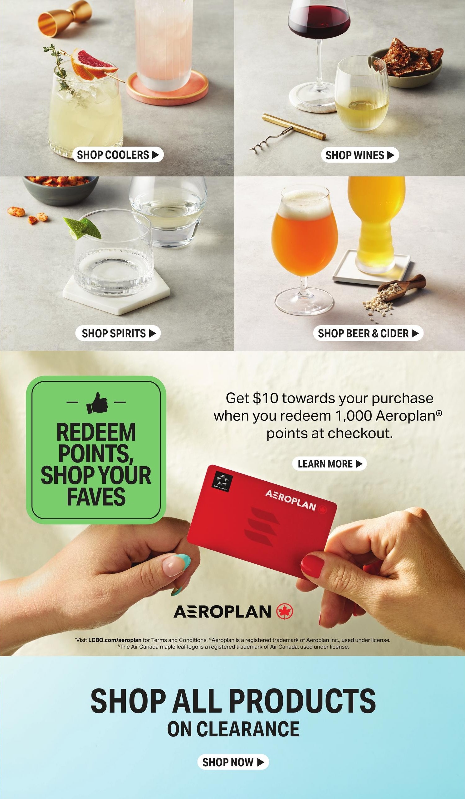 LCBO flyer page 7 featuring various beverage categories. Top left: 'Shop Coolers' with an image of a garnished cocktail. Top right: 'Shop Wines' with images of red and white wine glasses and snacks. Middle left: 'Shop Spirits' with an image of a clear spirit in a glass. Middle right: 'Shop Beer & Cider' with images of beer glasses and malt. Below these sections, a green 'Redeem Points, Shop Your Faves' graphic is displayed alongside text offering 'Get $10 towards your purchase when you redeem 1,000 Aeroplan® points at checkout.' A red Aeroplan card is shown being held. A 'Learn More' button is visible. Fine print details Aeroplan terms and conditions and Air Canada trademarks. The bottom of the page announces 'Shop All Products On Clearance' with a 'Shop Now' button.