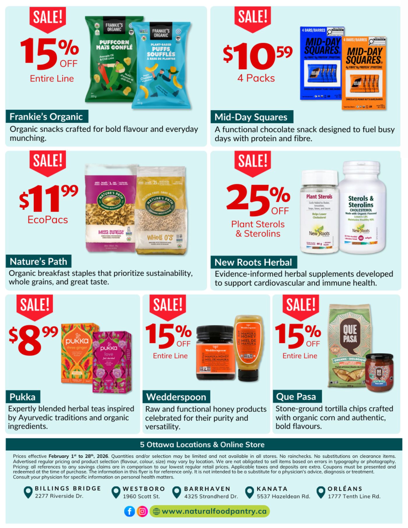 Natural Food Pantry flyer specials for February 1st to 28th, 2026. Page 2 features several sales: Frankie's Organic Puffcorn and Plant-Based Puffs are 15% off the entire line. Mid-Day Squares, 4 bars per pack, are on sale for $10.59 for 4 packs. Nature's Path Organic EcoPacs are priced at $11.99. New Roots Herbal Plant Sterols & Sterolins are 25% off. Pukka herbal teas are $8.99. Wedderspoon Manuka Honey products are 15% off the entire line. Que Pasa Organic Tortilla Chips are also 15% off the entire line. The flyer also lists 5 Ottawa store locations and online store information.