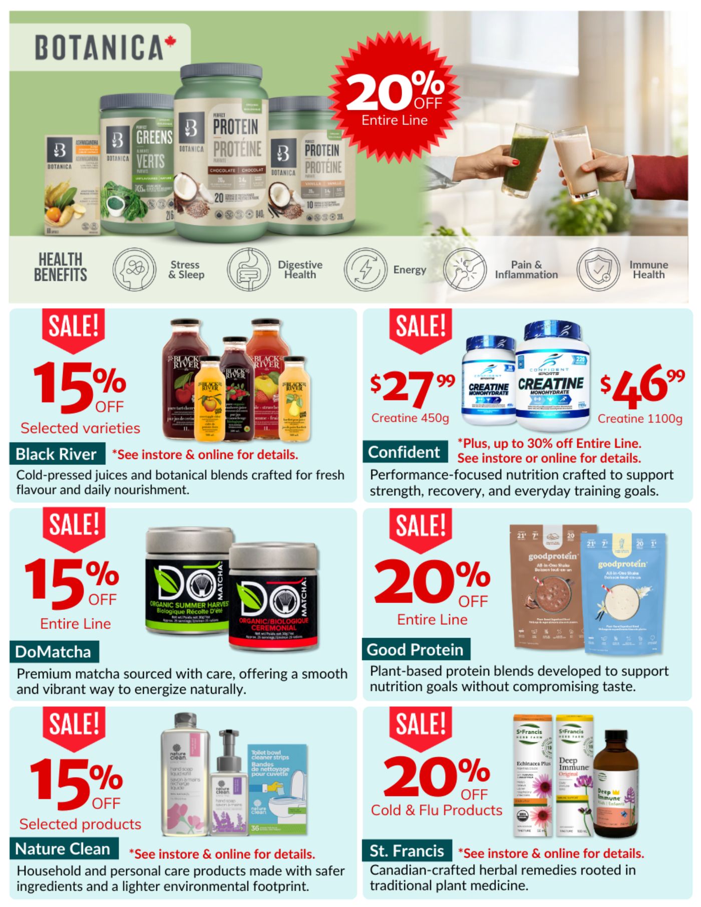 Natural Food Pantry flyer specials page 5. Top banner features Botanica products with a 20% off entire line sale, highlighting health benefits like Stress & Sleep, Digestive Health, Energy, Pain & Inflammation, and Immune Health. Below, Black River cold-pressed juices and botanical blends are 15% off selected varieties. Confident Creatine Monohydrate 450g is $27.99 and 1100g is $46.99, with an additional up to 30% off the entire line. DoMatcha premium matcha is 15% off the entire line. Good Protein plant-based protein blends are 20% off the entire line. Nature Clean household and personal care products are 15% off selected products. St. Francis Canadian-crafted herbal remedies for Cold & Flu products are 20% off.