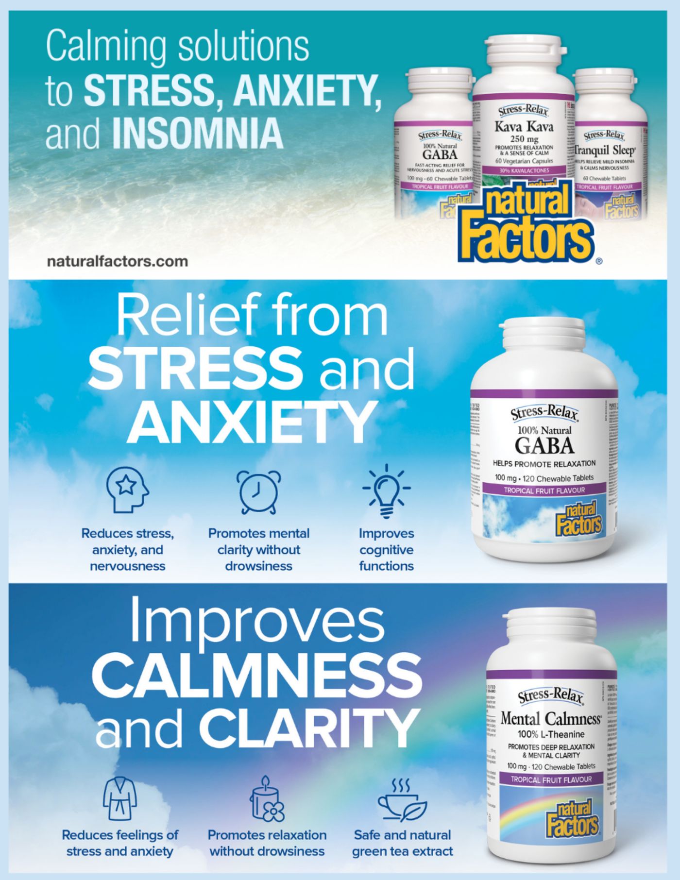 Natural Food Pantry flyer specials page 7, featuring calming solutions for stress, anxiety, and insomnia. Products include Stress-Relax Kava Kava GABA 100 mg, 60 chewable tablets in tropical fruit flavour, Stress-Relax Tranquil Sleep, and Stress-Relax Mental Calmness 100% L-Theanine 100 mg, 120 chewable tablets in tropical fruit flavour. The page highlights benefits such as reducing stress, anxiety, and nervousness, promoting mental clarity without drowsiness, improving cognitive functions, reducing feelings of stress and anxiety, promoting relaxation without drowsiness, and offering safe and natural green tea extract. Visit naturalfactors.com for more information.