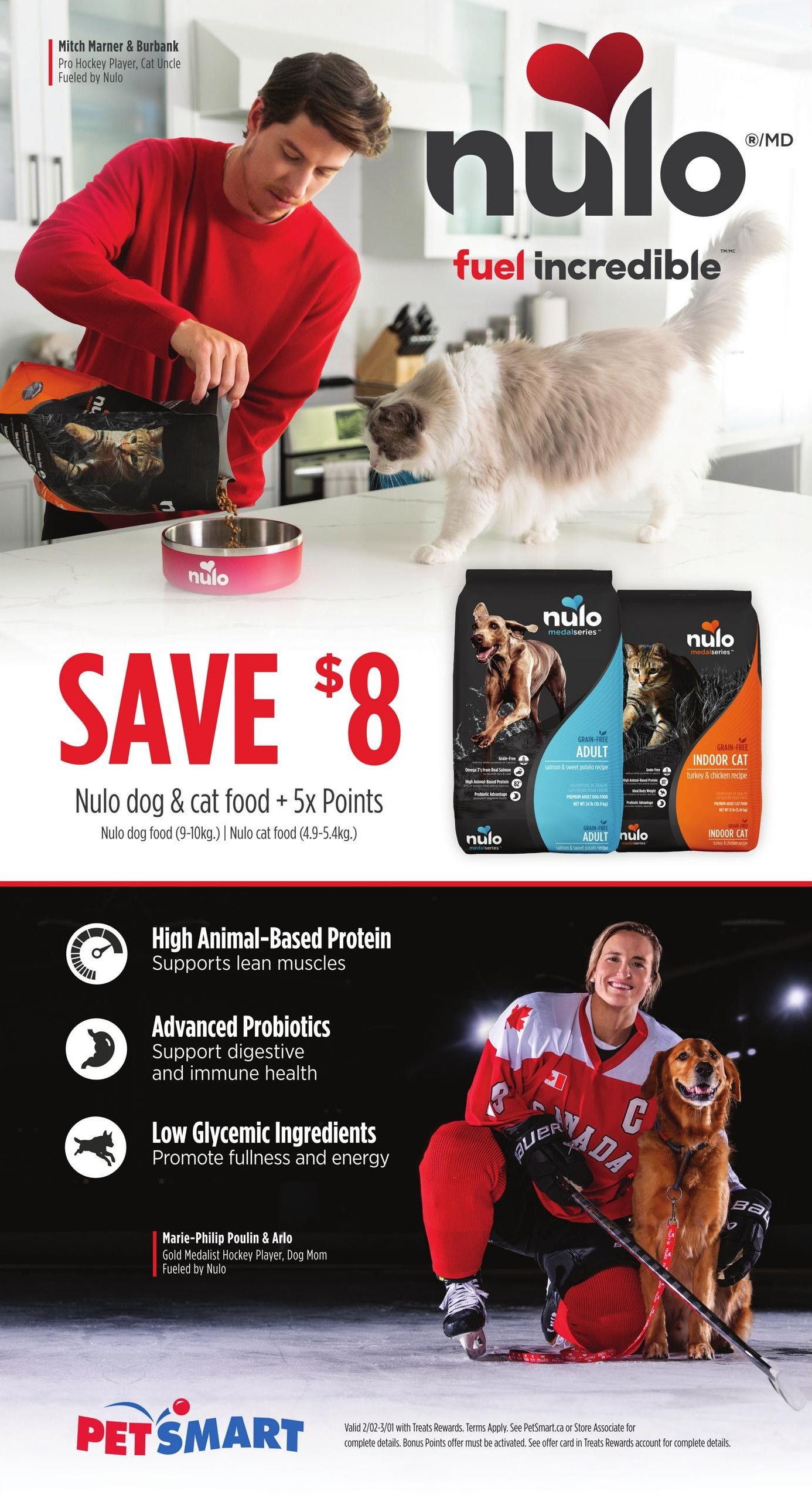 PetSmart flyer page 7 features Nulo dog and cat food with a 'Save $8' offer plus 5x points. This includes Nulo dog food (9-10kg) and Nulo cat food (4.9-5.4kg). The page highlights Nulo's benefits: High Animal-Based Protein for lean muscles, Advanced Probiotics for digestive and immune health, and Low Glycemic Ingredients for fullness and energy. The ad includes images of Mitch Marner, Pro Hockey Player and Cat Uncle, and Marie-Philip Poulin, Gold Medalist Hockey Player and Dog Mom, both fueled by Nulo. The bottom of the page displays the PetSmart logo and promotional text about the offer validity and terms.