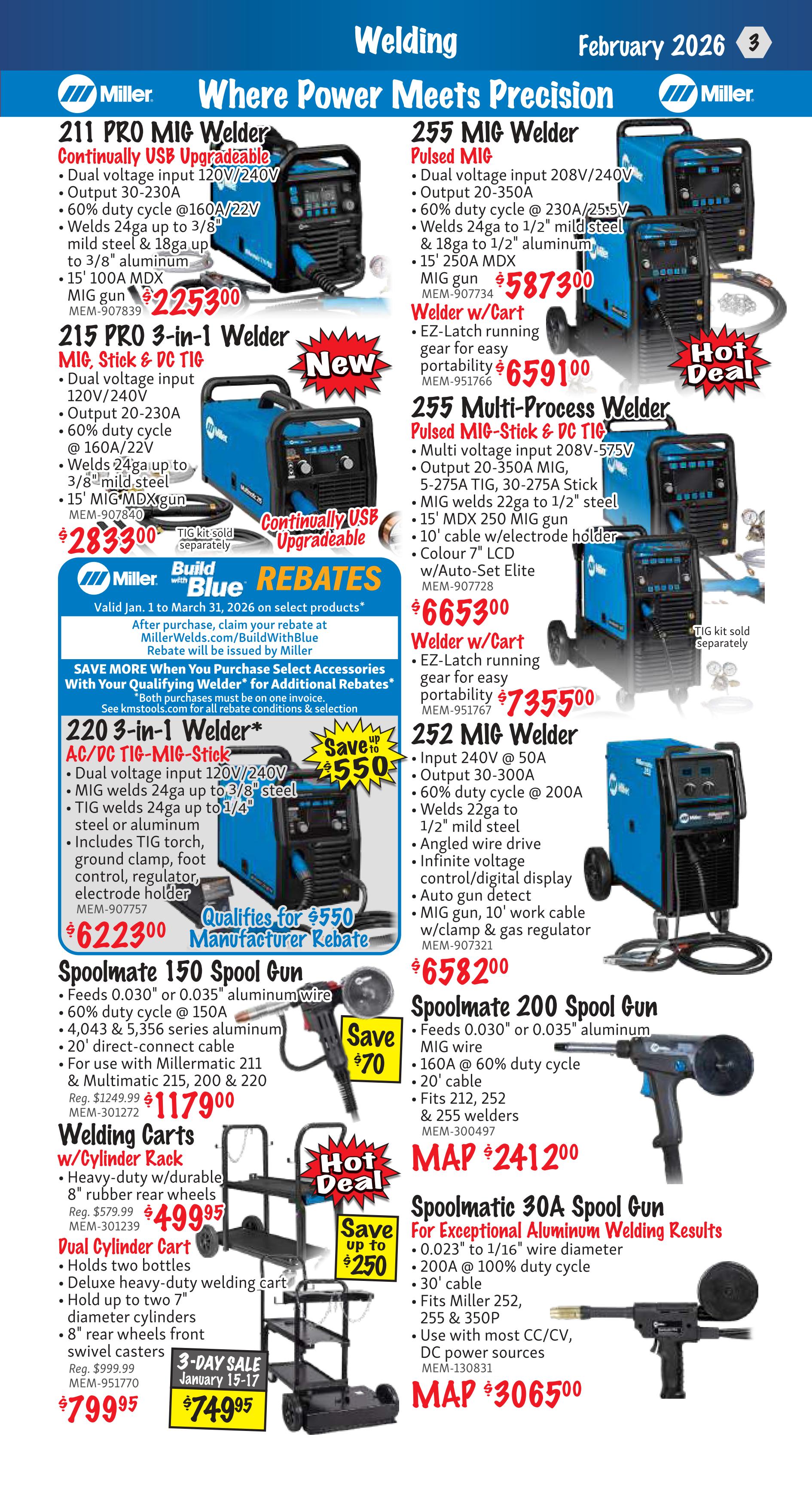 KMS Tools flyer page 3 features welding equipment from Miller. The Miller 211 PRO MIG Welder is continually USB upgradeable, with dual voltage input (120V/240V) and 30-230A output, selling for $2253.00. The Miller 215 PRO 3-in-1 Welder (MIG, Stick & DC TIG) has dual voltage input, 20-230A output, and welds up to 3/8' mild steel, priced at $2833.00. A rebate offer is available for select products, with savings up to $550 on the 220 3-in-1 Welder. The Miller 255 MIG Welder with Pulsed MIG capabilities has dual voltage input (208V/240V), 20-350A output, and welds 24ga to 1/2' mild steel, available for $5873.00. The 255 Multi-Process Welder (Pulsed MIG, Stick & DC TIG) features multi-voltage input, 5-275A TIG output, and welds 22ga to 1/2' steel, priced at $6653.00. The 252 MIG Welder offers input of 240V @ 50A, 30-300A output, and welds 22ga to 1/2' mild steel, selling for $6582.00. The Spoolmate 150 Spool Gun feeds 0.030' or 0.035' aluminum wire with a 60% duty cycle @ 150A, on sale for $1179.00 (regularly $1249.99), with a $70 savings. The Spoolmate 200 Spool Gun is for exceptional aluminum welding results, with 0.023' to 1/16' wire diameter and 200A @ 60% duty cycle, priced at $2412.00. The page also shows Welding Carts with cylinder racks, including a heavy-duty cart with 8' rear wheels for $499.95 (regularly $579.99), and a Dual Cylinder Cart that holds two bottles, on sale for $749.95 (regularly $999.99) during a 3-Day Sale from January 15-17. The Spoolmatic 300 Spool Gun is also featured for aluminum welding, with a 30' cable and fits Miller 252, 255 & 350P welders, priced at $3065.00.