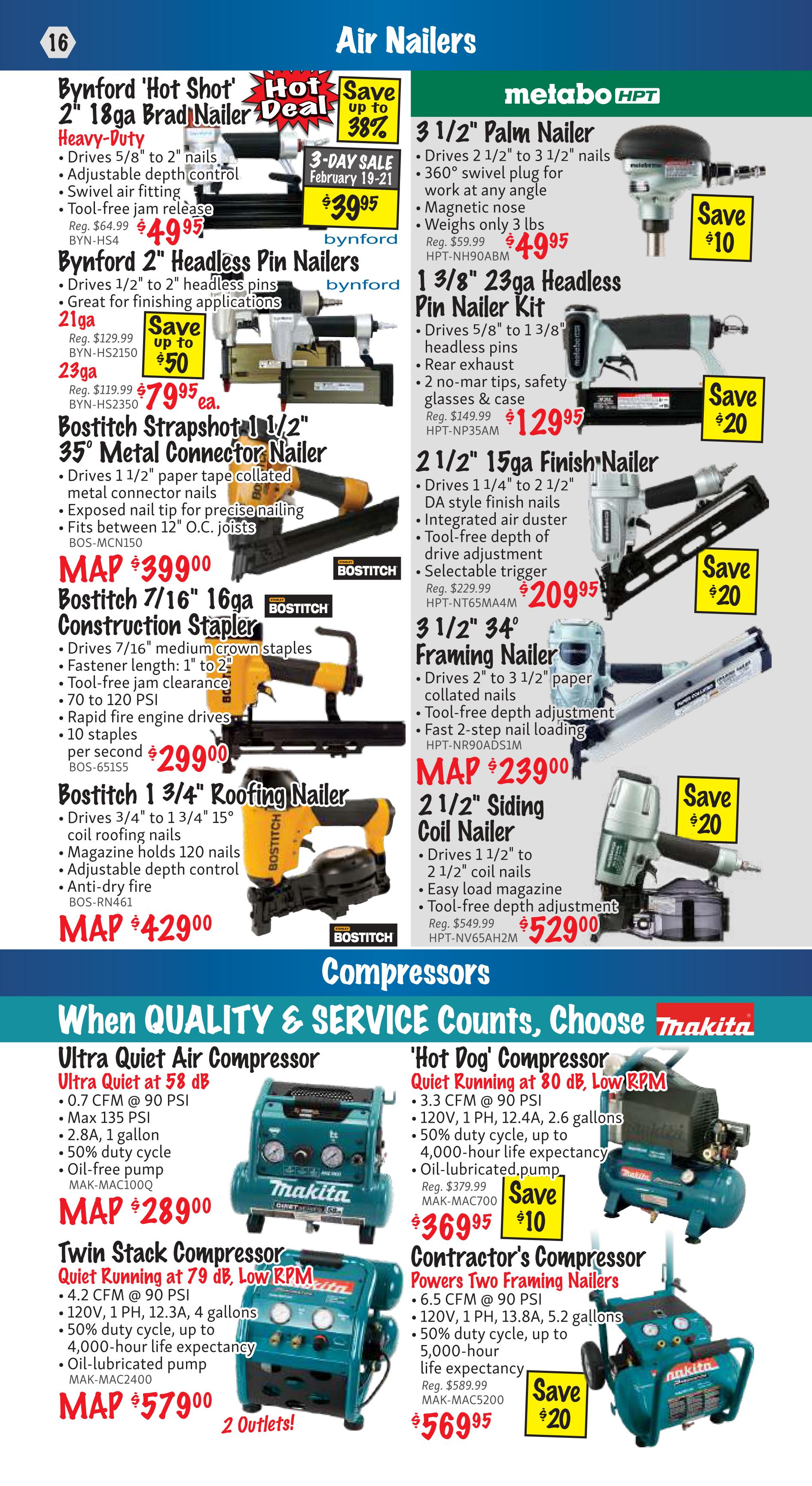 KMS Tools flyer page 16 features Air Nailers. Featured products include the Byneford 'Hot Shot' 2' 18ga Brad Nailer for $39.95, down from $64.99, a 3-day sale item. Also available is the Byneford 2' Headless Pin Nailers for $79.95, saving up to $50. The Bostitch StrapShot 1 1/2' 35° Metal Connector Nailer is MAP priced at $399.00. The Bostitch 7/16' 16ga Construction Stapler is $299.00. The Bostitch 1 3/4' Roofing Nailer is MAP priced at $429.00. On the right side, the Metabo HPT 3 1/2' Palm Nailer is $49.95, saving $10. The Metabo HPT 1 3/8' 23ga Pin Nailer Kit is $129.95, saving $20. The Metabo HPT 2 1/2' 15ga Finish Nailer is $209.95, saving $20. The Metabo HPT 3 1/2' 34° Framing Nailer is $239.00, saving $5. The Metabo HPT 2 1/2' Siding Coil Nailer is $529.00, saving $20. The page also highlights compressors: the Makita Ultra Quiet Air Compressor is MAP $289.00, and the Makita Twin Stack Compressor is MAP $579.00 with 2 outlets. The Makita Contractor's Compressor is MAP $569.95.