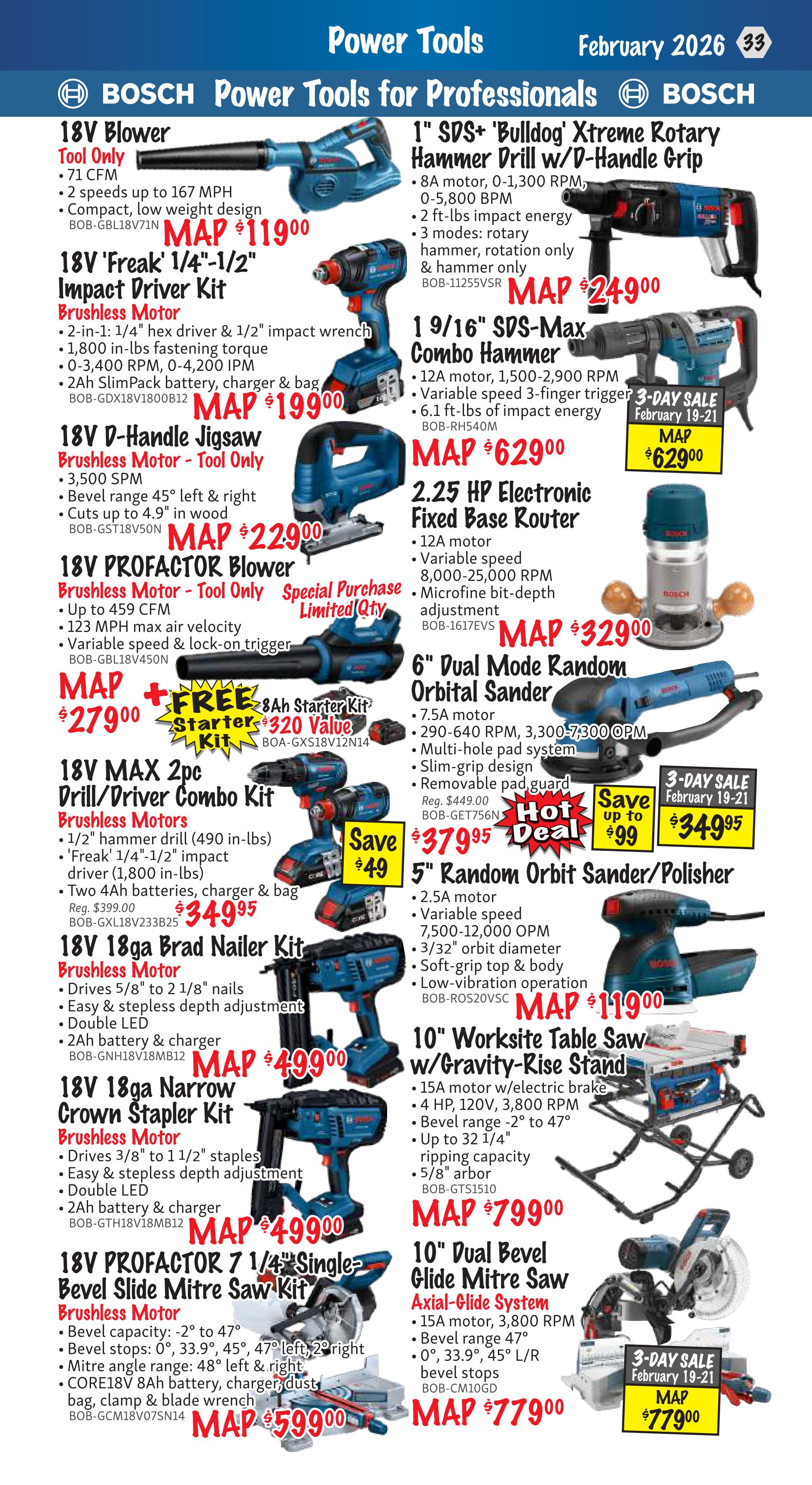 KMS Tools flyer page 33 features Bosch Power Tools for Professionals. Deals include a 18V Blower Tool Only for $119.00, an 18V 'Freak' 1/4'-1/2' Impact Driver Kit for $199.00, and a 1 9/16' SDS-Max Combo Hammer Drill for $629.00. Also available are a 18V D-Handle Jigsaw Tool Only for $229.00, a 2.25 HP Electronic Fixed Base Router for $329.00, and a 18V PROFACTOR Blower Tool Only with a free starter kit for $279.00. The page also highlights a 6' Dual Mode Orbital Sander/Polisher for $379.95, with a save up to $99 deal. Other featured items are the 18V MAX 2pc Drill/Driver Combo Kit for $349.95, a 5' Random Orbit Sander/Polisher for $119.00, an 18V 18ga Brad Nailer for $499.00, and a 10' Worksite Table Saw w/Gravity-Rise Stand for $799.00. Additionally, there's an 18V 18ga Narrow Crown Stapler Kit for $599.00 and a 10' Dual Bevel Glide Mitre Saw Axial-Glide System on a 3-Day Sale from February 19-21 for $779.00.