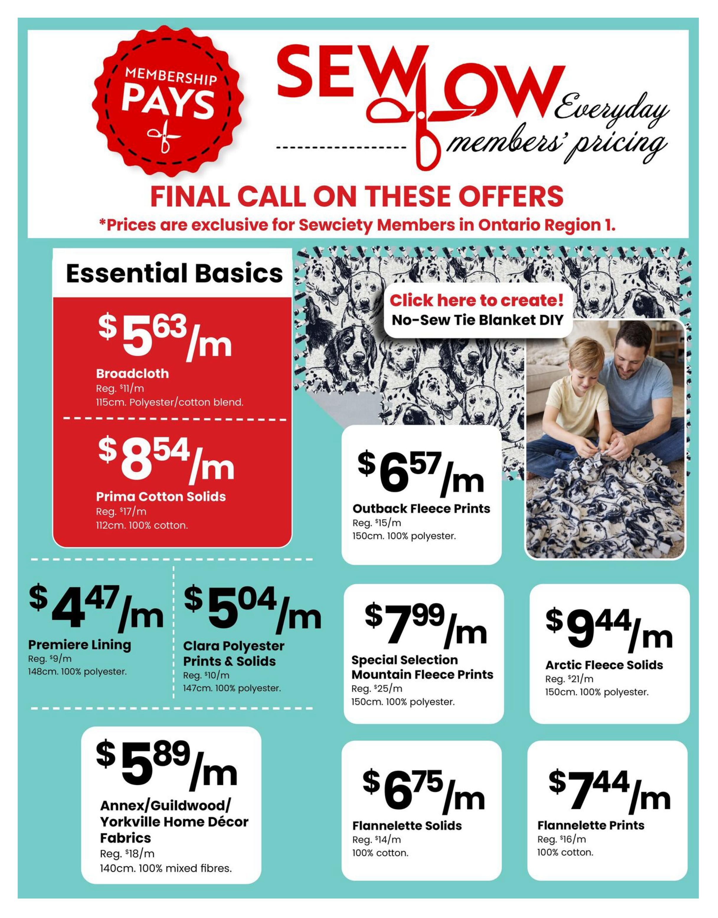 Fabricland flyer page 4 features 'Sew Low Everyday Members' Pricing' with final call on offers exclusive to Sewciety Members in Ontario Region 1. Essential Basics include Broadcloth at $5.63/m (regular $11/m), a 115cm polyester/cotton blend, and Prima Cotton Solids at $8.54/m (regular $17/m), a 112cm 100% cotton fabric. Other featured fabrics are Premiere Lining at $4.47/m (regular $9/m) for 148cm 100% polyester, Clara Polyester Prints & Solids at $5.04/m (regular $10/m) for 147cm 100% polyester, Outback Fleece Prints at $6.57/m (regular $15/m) for 150cm 100% polyester, Special Selection Mountain Fleece Prints at $7.99/m (regular $25/m) for 150cm 100% polyester, Arctic Fleece Solids at $9.44/m (regular $21/m) for 150cm 100% polyester, Annex/Guildwood/Yorkville Home Décor Fabrics at $5.89/m (regular $18/m) for 140cm 100% mixed fibres, Flannelette Solids at $6.75/m (regular $14/m) for 100% cotton, and Flannelette Prints at $7.44/m (regular $16/m) for 100% cotton. The page also includes an image promoting a No-Sew Tie Blanket DIY with a picture of a father and son crafting.