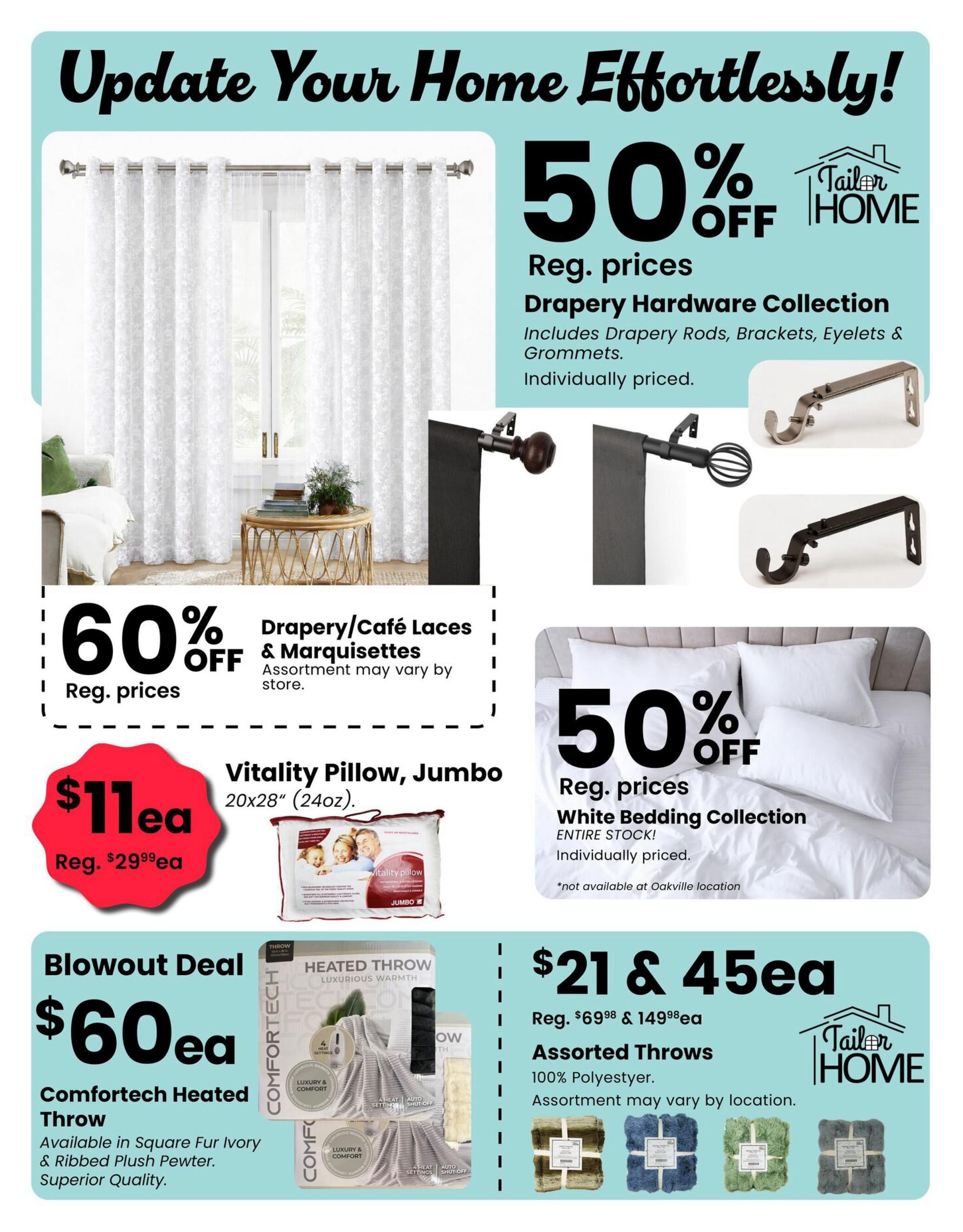 Fabricland flyer page 12 features home decor updates. Get 50% off Drapery Hardware Collection, including rods, brackets, eyelets, and grommets, individually priced. Also, enjoy 50% off the White Bedding Collection, available while stock lasts and individually priced. Special offer: Vitality Pillow, Jumbo 20x28' (24oz), is $11ea, down from the regular price of $29.99ea. A Blowout Deal offers the Comfortech Heated Throw for $60ea, available in Square Fur Ivory & Ribbed Plush Pewter, noted for superior quality. Additionally, purchase Assorted Throws at $21ea and $45ea, with regular prices of $69.98ea and $149.98ea respectively. These throws are 100% Polyester, and assortment may vary by location.