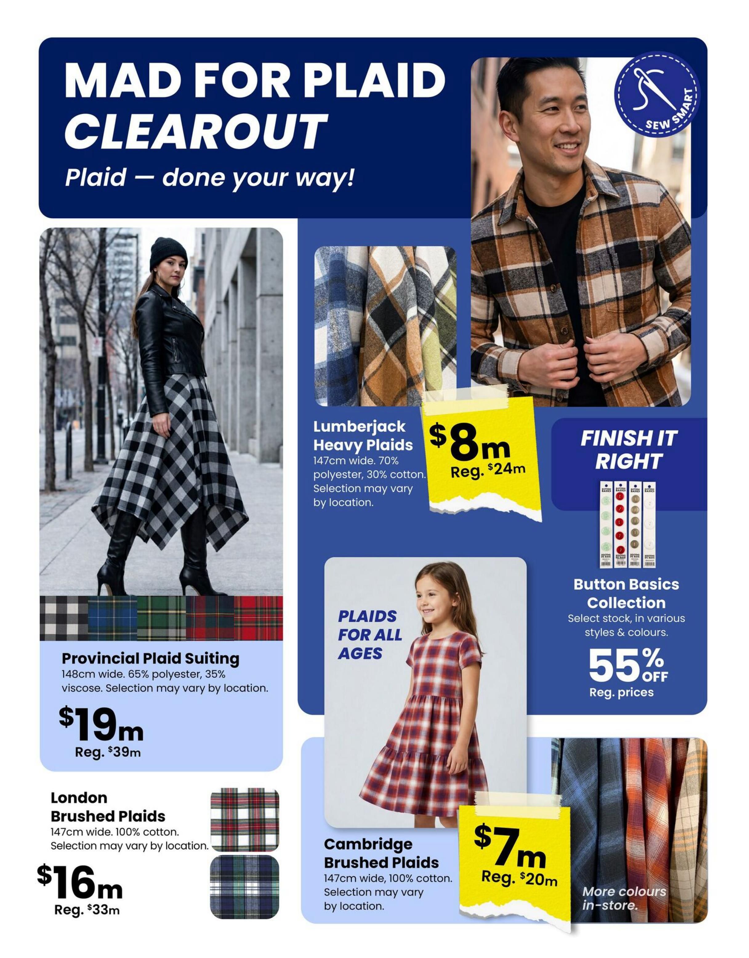 Fabricland Mad for Plaid Clearout page 5 features various plaid fabrics and accessories. Featured products include Provincial Plaid Suiting at $19 (regular $39), London Brushed Plaids at $16 (regular $33), and Cambridge Brushed Plaids at $7 (regular $20). Lumberjack Heavy Plaids are on sale for $8 (regular $24). All brushed plaids are 147cm wide and 100% cotton, with selection varying by location. Provincial Plaid Suiting is 148cm wide, made of 65% polyester and 35% viscose. The page also highlights the Button Basics Collection with 55% off regular prices, offering select stock in various styles and colours. Additional plaid fabrics are available in more colours in-store.