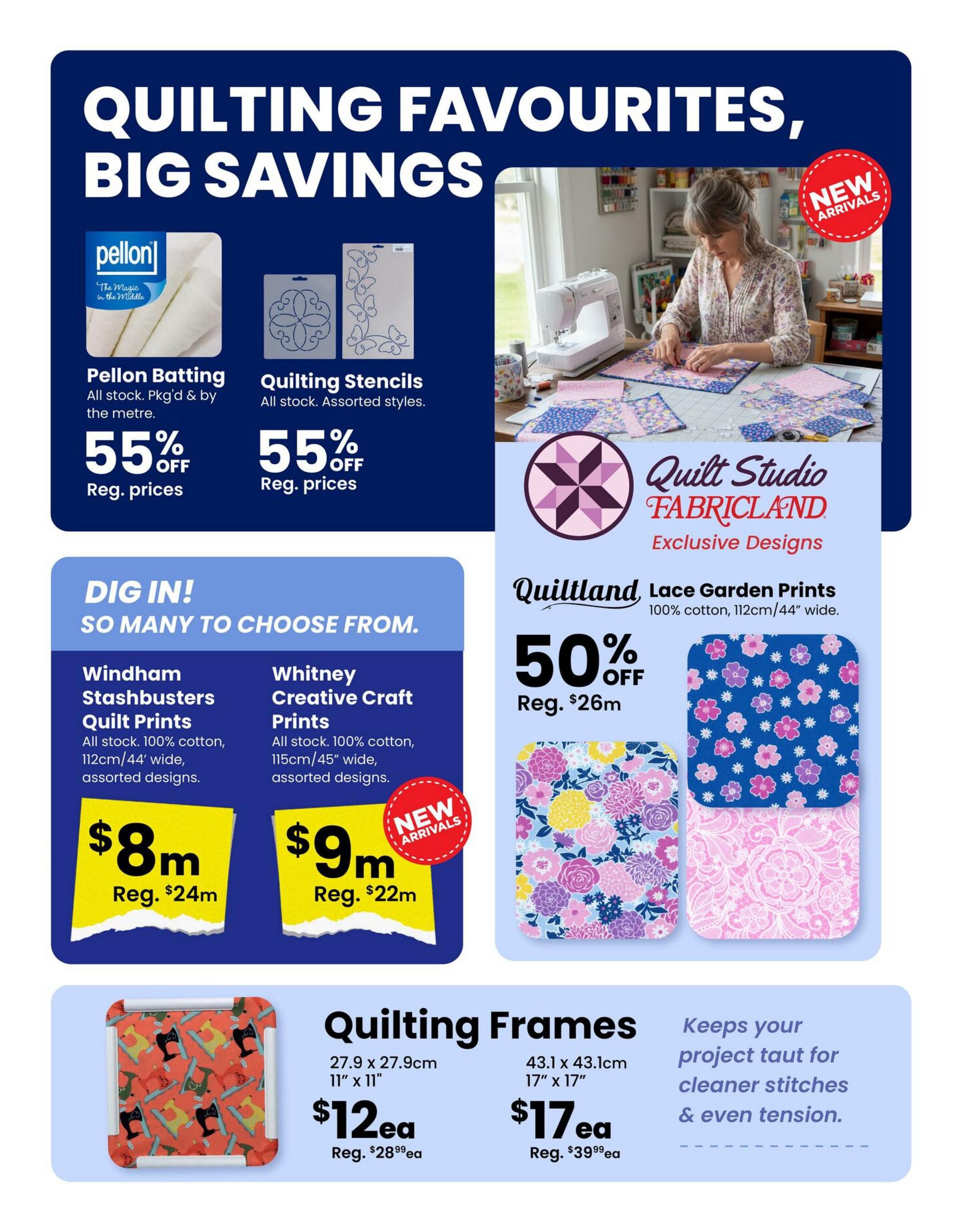 Fabricland Western Flyer Specials, Page 7. Features quilting favourites and big savings. Pellon Batting is 55% off regular prices, available in all stock, packaged and by the metre. Quilting Stencils are also 55% off regular prices, available in assorted styles. 'Dig In! So Many to Choose From.' offers Windham Stashbusters Quilt Prints, all stock, 100% cotton, 112cm/44' wide, assorted designs, for $8m (regular $24m). Whitney Creative Craft Prints, all stock, 100% cotton, 115cm/45' wide, assorted designs, are $9m (regular $22m), with new arrivals noted. Quilt Studio Fabricland exclusive designs feature Lace Garden Prints, 100% cotton, 112cm/44' wide, at 50% off regular $26m. Quilting Frames are available in 27.9 x 27.9cm (11' x 11') for $12ea (regular $28.99ea) and 43.1 x 43.1cm (17' x 17') for $17ea (regular $39.99ea), designed to keep your project taut for cleaner stitches and even tension.