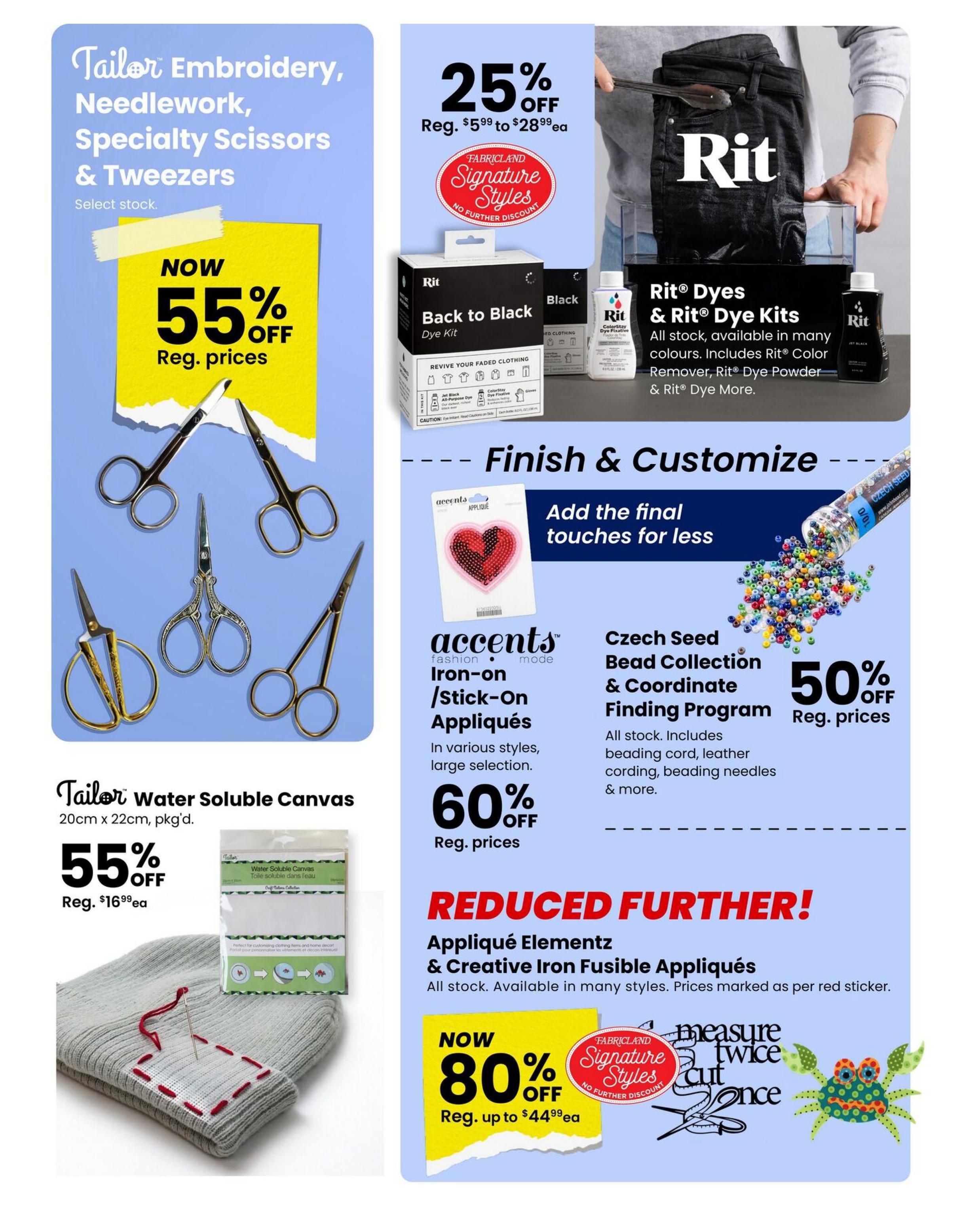 Fabricland flyer page featuring a selection of sewing and crafting supplies. On the left, specialty scissors and tweezers are 55% off regular prices. Below, Tailor Water Soluble Canvas, 20cm x 22cm pkg'd, is 55% off regular price $16.99ea. In the centre, Accents Iron-on/Stick-On Appliqués in various styles are 60% off regular prices. To the right, Rit Dye Kits, including Rit Color Remover, Rit Dye Powder, and Rit Dye More, are 25% off regular prices $5.99 to $28.99ea. Also featured is the Czech Seed Bead Collection & Coordinate Finding Program, which includes beading cord, leather cording, beading needles & more, at 50% off regular prices. At the bottom, Appliqué Elementz & Creative Iron Fusible Appliqués are reduced further with 80% off regular prices up to $44.99ea. Some items are part of the Fabricland Signature Styles collection with no further discount.