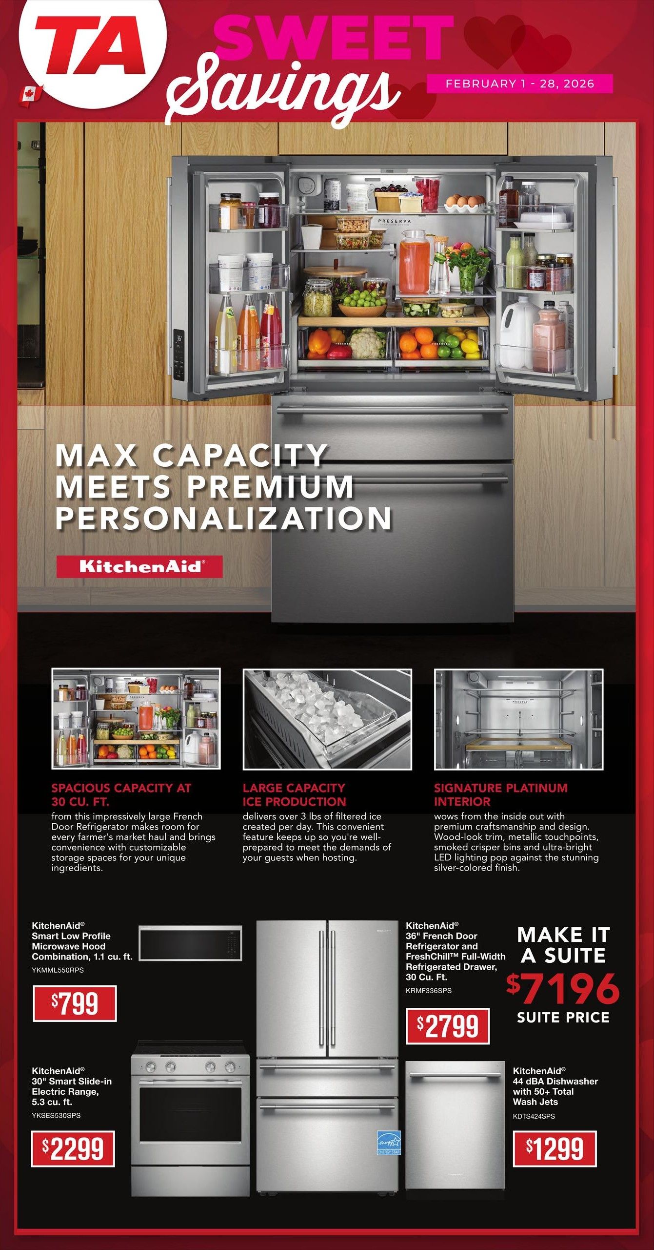 TA Appliance Sweet Savings flyer, February 1-28, 2026. Page 5 features KitchenAid appliances. A large KitchenAid French Door refrigerator with 30 cu. ft. spacious capacity, large capacity ice production, and signature platinum interior is prominently displayed. Below are featured KitchenAid appliances: a Smart Low Profile Microwave Hood Combination, 1.1 cu. ft., for $799; a 30' Smart Slide-in Electric Range, 5.3 cu. ft., for $2299; a 36' French Door Refrigerator and FreshChill Full-Width Refrigerated Drawer, 30 cu. ft., for $2799; and a 44 dBA Dishwasher with 50+ Total Wash Jets for $1299. The refrigerator and dishwasher combination is advertised as 'Make It A Suite' for $7196.