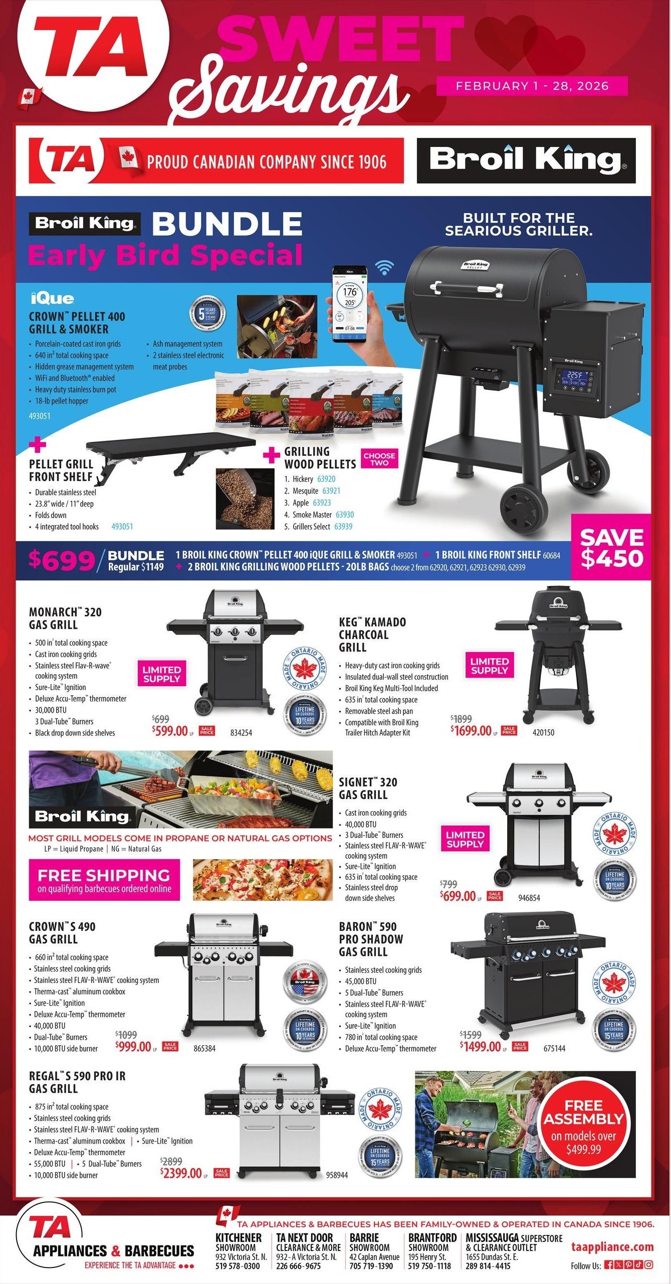 TA Appliance flyer page 9 features Broil King early bird specials and other grills. The iQue Crown Pellet 400 Grill & Smoker bundle is on sale for $699, regularly $1149, and includes 1 Broil King Crown Pellet 400 iQue Grill & Smoker, 1 Broil King Front Shelf, and 2 bags of Broil King Grilling Wood Pellets (choose 2 from Hickory, Mesquite, Apple, Smoke Master, Griller Select). Also featured is the Monarch 320 Gas Grill for $599.00 (regularly $699.00) and the Keg Kamado Charcoal Grill for $1699.00 (regularly $1899.00). Other gas grills include the Signet 320 for $699.00 (regularly $799.00), the Crown S 490 Gas Grill for $999.00 (regularly $1099.00), the Baron 590 Pro Shadow Gas Grill for $1499.00 (regularly $1599.00), and the Regal S 590 Pro IR Gas Grill for $2399.00 (regularly $2899.00). Free assembly is available on qualifying barbecues ordered online over $499.99. The flyer also lists store locations and contact information.