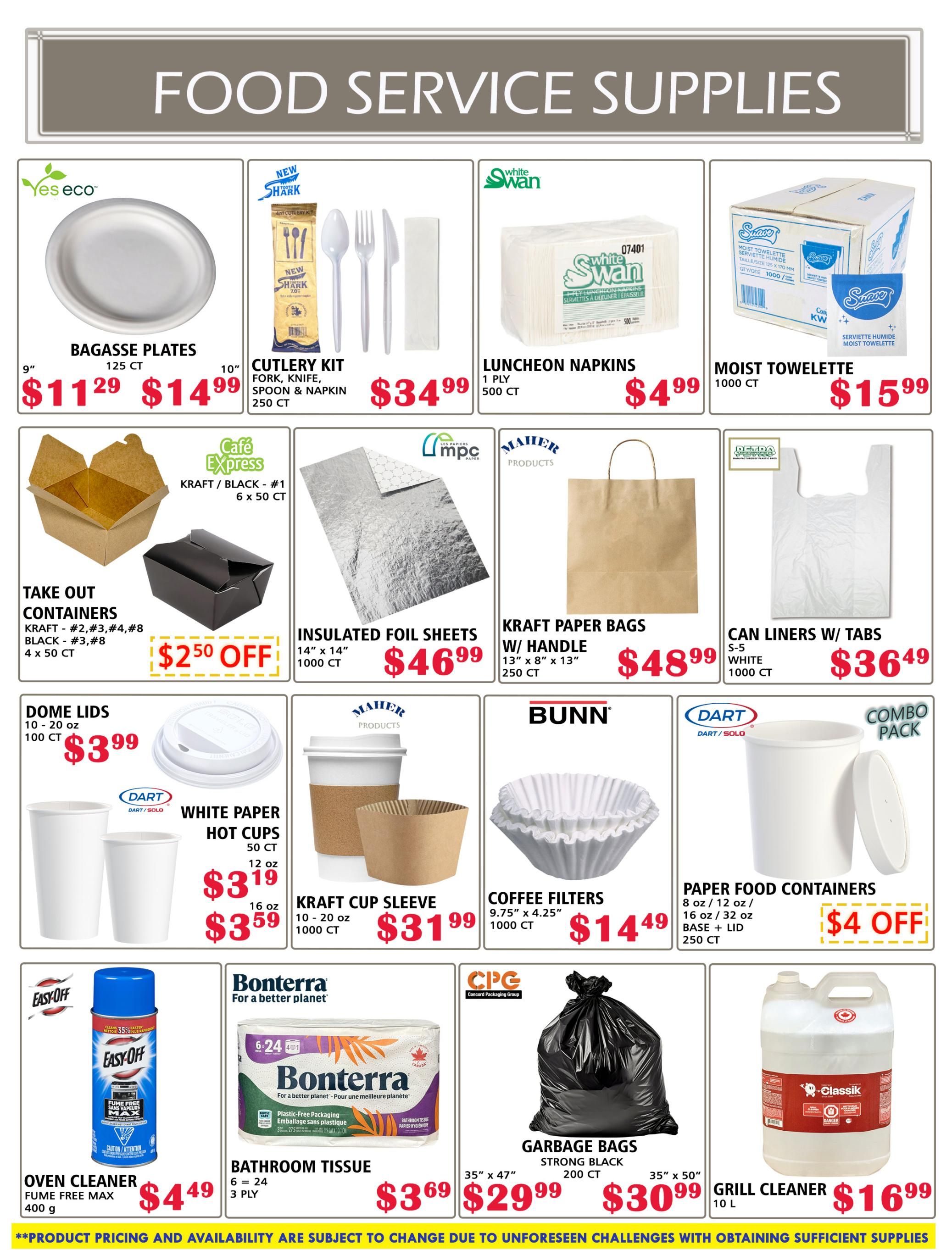 MVR Cash and Carry flyer specials page 6, featuring food service supplies. Products include Yes eco 9' Bagasse Plates for $11.29 and 10' Bagasse Plates for $14.99. New Shark 4-in-1 Cutlery Kits (fork, knife, spoon & napkin) are $34.99 for 250 ct. White Swan 1-ply Luncheon Napkins are $4.99 for 500 ct. Kw 1000 ct Moist Towelettes are $15.99. Cafe Express Kraft/Black Take Out Containers #1 (6 x 50 ct) are on special with $2.50 off. Insulated Foil Sheets (14' x 14', 1000 ct) are $46.99. Maher Products Kraft Paper Bags with Handle (13' x 8' x 13', 250 ct) are $48.99. Les Papiers MPC Paper 14' x 14' Insulated Foil Sheets are $46.99. Can Liners w/ Tabs, S-5 White (1000 ct) are $36.49. Dart/Solo Dome Lids (10-20 oz, 100 ct) are $3.99. Dart White Paper Hot Cups are $3.19 for 12 oz (50 ct) and $3.59 for 16 oz. Maher Products Kraft Cup Sleeve (10-20 oz, 1000 ct) is $31.99. Bunn Coffee Filters (9.75' x 4.25', 1000 ct) are $14.49. Dart/Solo Paper Food Containers (8 oz / 12 oz / 16 oz / 32 oz Base + Lid, 250 ct) have a $4 off special. Easy-Off Oven Cleaner Fume Free Max (400 g) is $4.49. Bonterra Bathroom Tissue (6=24 rolls, 3 ply) is $3.69. CPG Garbage Bags, Strong Black (35' x 47', 200 ct) are $29.99, and 35' x 50' are $30.99. Classik Grill Cleaner (10 L) is $16.99.