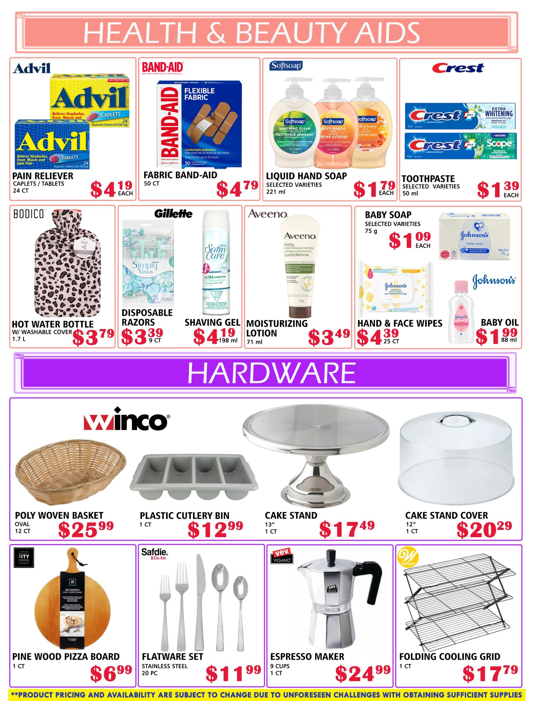 MVR Cash and Carry flyer page 7 features Health & Beauty Aids and Hardware. Health & Beauty items include Advil Pain Reliever Caplets/Tablets 24 ct for $4.19, Band-Aid Flexible Fabric Bandages 50 ct for $4.79, Softsoap Liquid Hand Soap selected varieties 221 ml for $1.79, Crest Toothpaste selected varieties 50 ml for $1.39. Also available are Bodico Hot Water Bottle with washable cover 1.7 L for $3.79, Gillette Simply Venus Disposable Razors 9 ct for $3.39, Satin Care Shaving Gel 198 ml for $4.19, Aveeno Daily Moisturizing Lotion 71 ml for $3.49, Johnson's Baby Soap selected varieties 75 g for $1.09, Johnson's Hand & Face Wipes 25 ct for $4.39, and Johnson's Baby Oil 88 ml for $1.99. The Hardware section showcases Winco Poly Woven Basket Oval 12 ct for $25.99, Plastic Cutlery Bin 1 ct for $12.99, Cake Stand 13' 1 ct for $17.49, and Cake Stand Cover 12' 1 ct for $20.29. Additional hardware items include a Unity Pine Wood Pizza Board 1 ct for $6.99, Safdie & Co. Stainless Steel Flatware Set 20 pc for $11.99, Vev Vigano Espresso Maker 9 cups 1 ct for $24.99, and Wilton Folding Cooling Grid 1 ct for $17.79.