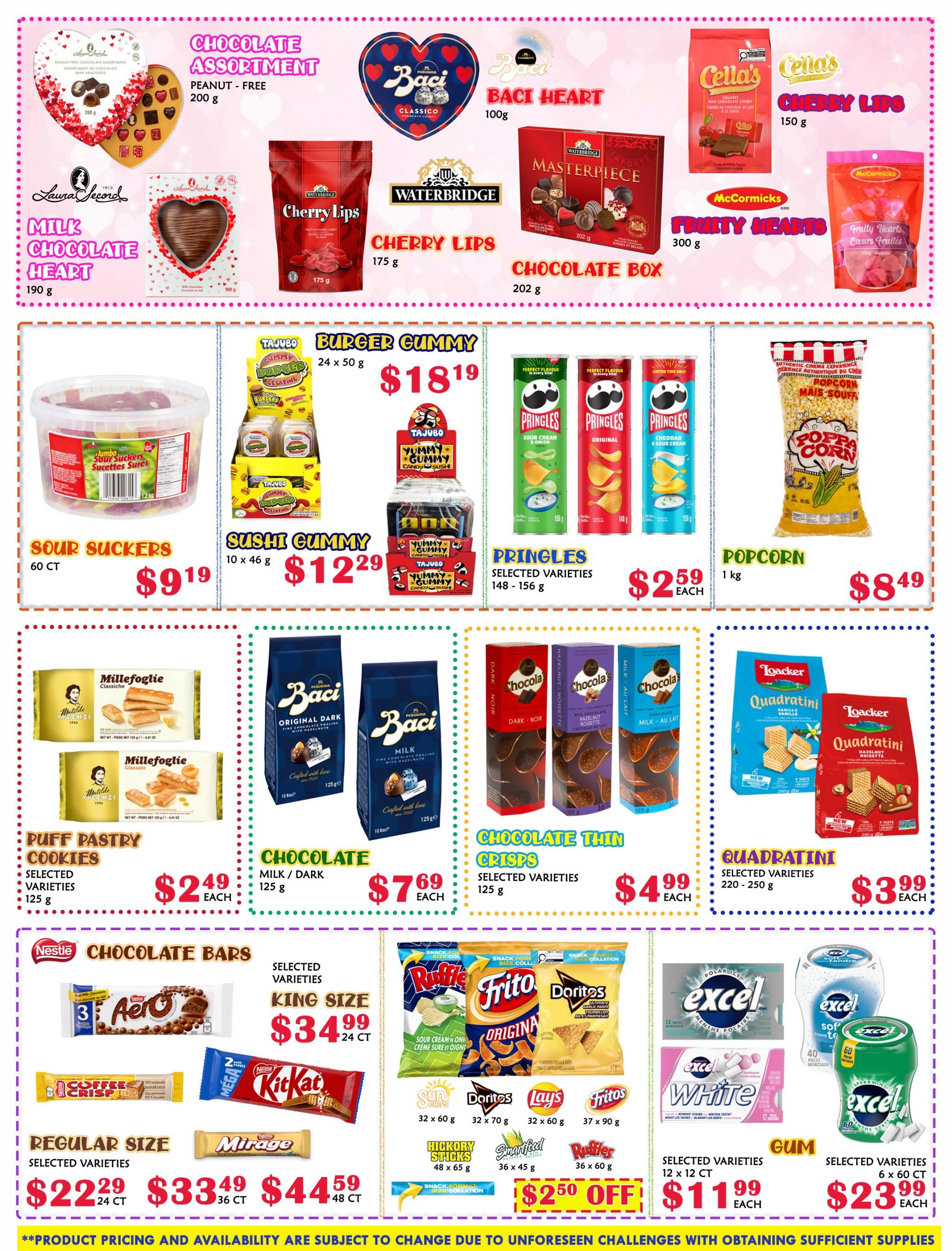 MVR Cash and Carry flyer specials page 8 features a wide selection of chocolates and snacks. Top row includes Laura Secord Chocolate Assortment (Peanut Free, 200g), Baci Heart (100g), Cella's Cherry Lips (150g), Laura Secord Milk Chocolate Heart (190g), Waterbridge Cherry Lips (175g), Masterpiece Chocolate Box (202g), and McCormick's Fruity Hearts (300g). The second row showcases Jumbo Sour Suckers (60 ct) for $9.19, Tajubo Burger Gummy (24 x 50g) for $18.19, Sushi Gummy (10 x 46g) for $12.29, Pringles (Selected Varieties, 148-156g) for $2.59 each, and Poppa Corn (1kg) for $8.49. The third row features Millefoglie Puff Pastry Cookies (Selected Varieties, 125g) for $2.49 each, Baci Chocolate (Milk/Dark, 125g) for $7.69 each, Chocola Chocolate Thin Crisps (Selected Varieties, 125g) for $4.99 each, and Loacker Quadratini (Selected Varieties, 220-250g) for $3.99 each. The bottom section highlights Nestle Chocolate Bars: King Size Aero, Coffee Crisp, Kit Kat, and Mirage, with prices for Regular Size varieties including 24 ct for $22.29, 36 ct for $33.49, and 48 ct for $44.59. Snack format chips like Ruffles, Frito, Doritos, Sun Chips, Lay's, Fritos, Hickory Sticks, Smartfood, and Ruffles are available with a $2.50 off offer. Finally, Excel Gum is featured with Selected Varieties (12 x 12 ct) for $11.99 each and Selected Varieties (6 x 60 ct) for $23.99 each.