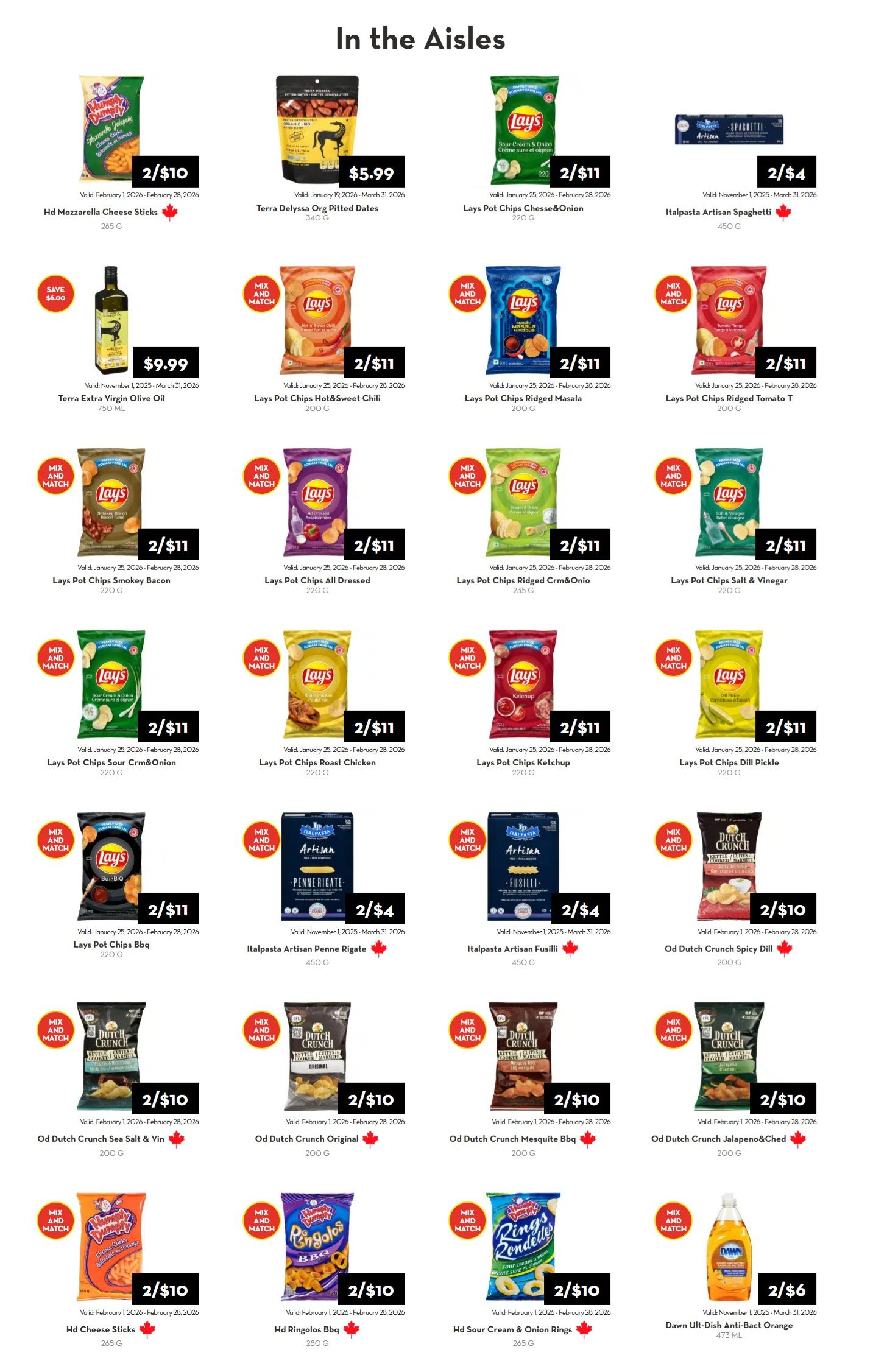 Rabba flyer specials page 1 features a variety of snacks and household items. Deals include Hd Mozzarella Cheese Sticks for 2/$10, Terra Delyssa Org Pitted Dates for $5.99, and Lay's Pot Chips Cheese & Onion for 2/$11. Other Lay's Pot Chips varieties like Hot & Sweet Chili, Ridged Masala, Ridged Tomato T, Smokey Bacon, All Dressed, Sour Cream & Onion, Roast Chicken, Ridged Cream & Onion, Salt & Vinegar, Ketchup, and Dill Pickle are all available for 2/$11. Italpasta Artisan Spaghetti is 2/$4 and Italpasta Artisan Penne Rigate and Fusilli are also 2/$4. Dutch Crunch Kettle Chips in Sea Salt & Vin, Original, Spicy Dill, Mesquite Bbq, and Jalapeno & Cheddar are priced at 2/$10. Snack options also include Hd Cheese Sticks for 2/$10, Hd Ringolos Bbq for 2/$10, and Hd Sour Cream & Onion Rings for 2/$10. Dawn Ult-Dish Anti-Bact Orange is on sale for 2/$6.