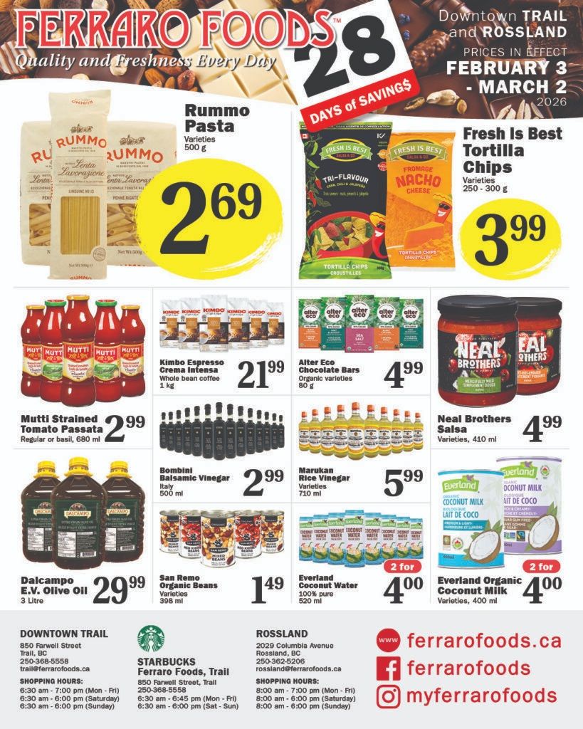 Ferraro Foods monthly savings flyer, page 2, featuring Rummo Pasta for $2.69, Fresh Is Best Tortilla Chips for $3.99, Kimbo Espresso Crema Intensa Whole Bean Coffee for $21.99, Alter Eco Chocolate Bars for $4.99, Mutti Strained Tomato Passata for $2.99, Bombini Balsamic Vinegar for $2.99, Marukan Rice Vinegar for $5.99, Neal Brothers Salsa for $4.99, Dalcampo E.V. Olive Oil for $29.99, San Remo Organic Beans for $1.49, Everland Coconut Water 2 for $4.00, and Everland Organic Coconut Milk 2 for $4.00. The flyer is valid from February 3 to March 2, 2026.
