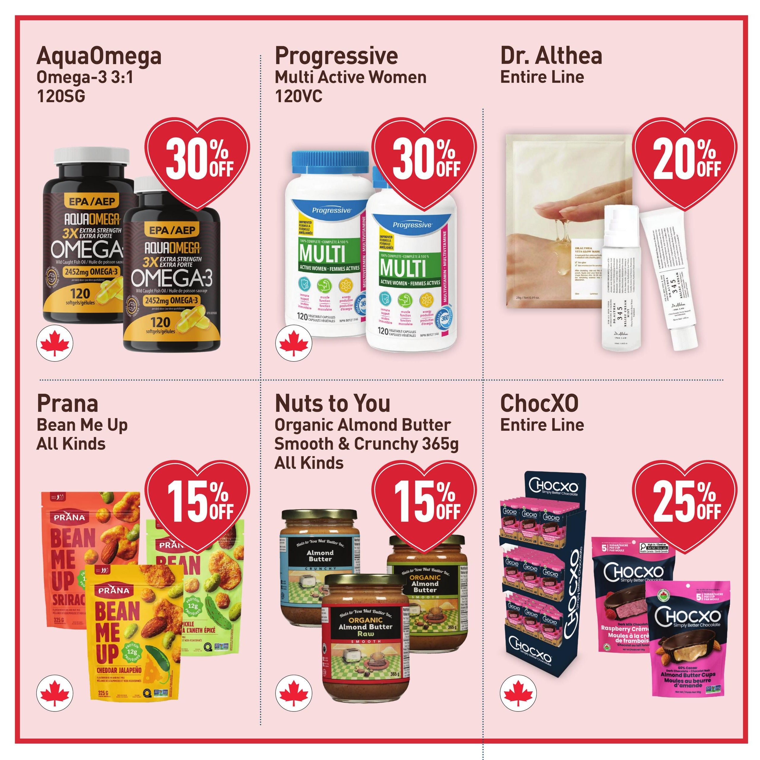 Healthy Planet flyer page 3 features discounts on various health and food products. Top row includes AquaOmega Omega-3 3:1 120SG with 30% off, Progressive Multi Active Women 120VC also with 30% off, and Dr. Althea Entire Line with 20% off. Bottom row showcases Prana Bean Me Up snacks in various flavours with 15% off, Nuts to You Organic Almond Butter (Smooth & Crunchy, 365g) with 15% off, and ChocXO Entire Line, including Raspberry Crème and Dark Chocolate Almond Butter Cups, with 25% off.
