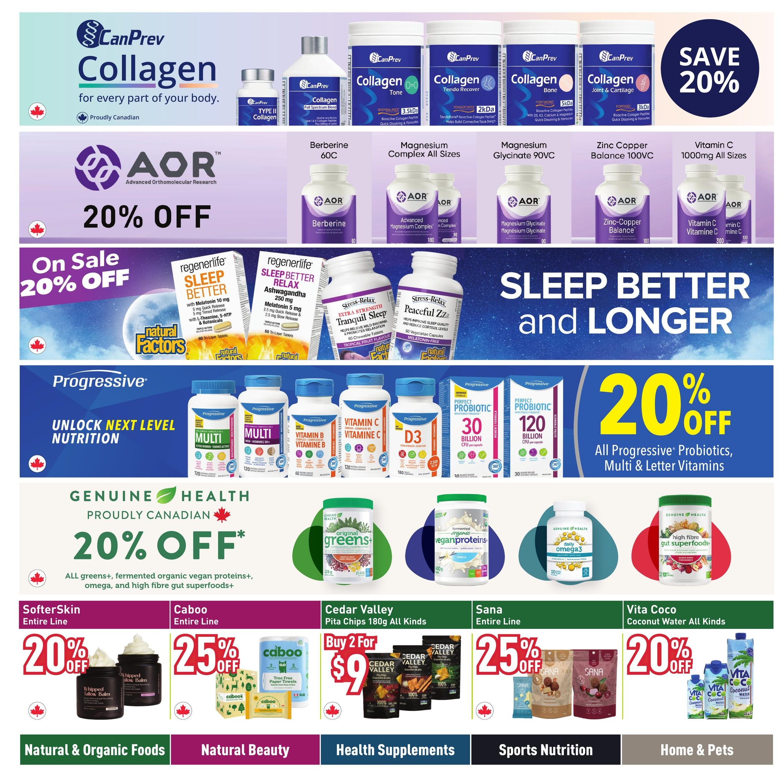 Healthy Planet flyer page 8 features a 'Save 20%' offer on CanPrev Collagen products including Full Spectrum Blend, Tone, Tendo Recover, Bone, and Joint & Cartilage. Also on sale is AOR Advanced Orthomolecular Research with 20% off Berberine 60C, Magnesium Complex All Sizes, Magnesium Glycinate 90VC, Zinc Copper Balance 100VC, and Vitamin C 1000mg All Sizes. Regenerlife Sleep Better Ashwagandha 250 mg and Natural Factors Stress-Relax Tranquil Sleep and Peaceful Zzz are on sale for 20% off. Progressive offers 20% off all Probiotics, Multi, and Letter Vitamins, including Perfect Biotic 30 Billion and 120 Billion. Genuine Health products are featured with 20% off Original Greens+ and Fermented Organic Vegan Proteins, plus 20% off Daily Omega3 and 25% off Sana Entire Line. Cedar Valley Pita Chips 180g are on sale for Buy 2 for $9. Caboo Tree Free Paper Towels and SofterSkin Whipped Tallow Balm are 25% off and 20% off respectively. Vita Coco Coconut Water is 20% off.