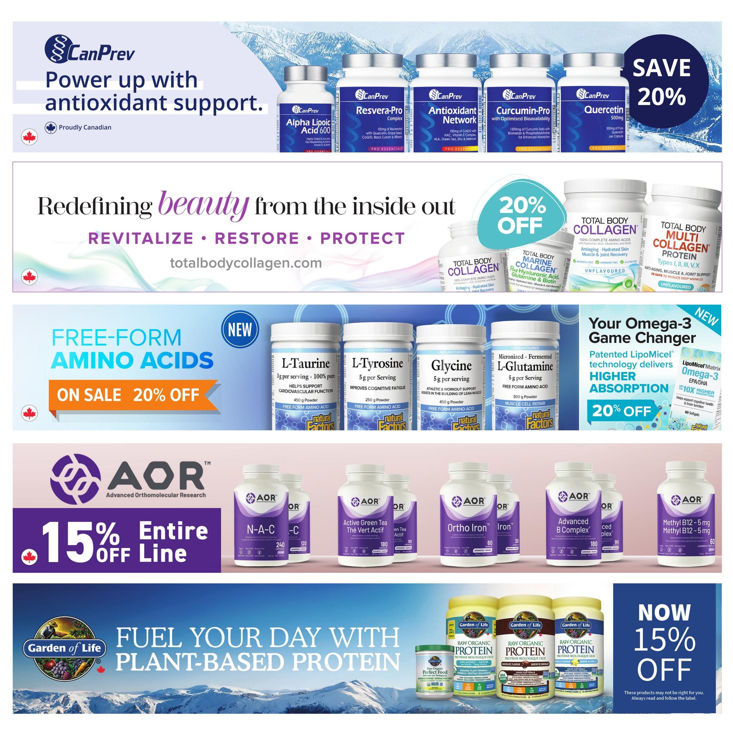 Healthy Planet flyer page 9 features CanPrev antioxidant support products including Alpha Lipoic Acid 600, Resvera-Pro Complex, Antioxidant Network, Curcumin-Pro, and Quercetin, all with a SAVE 20% offer. It also highlights 'Redefining beauty from the inside out' with Total Body Collagen, Total Body Marine Collagen, and Total Body Multi Collagen Protein, available with 20% off. Additionally, discover 'FREE-FORM AMINO ACIDS' on sale for 20% off, featuring Natural Factors L-Taurine, L-Tyrosine, Glycine, and L-Glutamine. AOR (Advanced Orthomolecular Research) offers 15% off their entire line, including products like N-A-C, Active Green Tea, Ortho Iron, B Complex, and Methyl B12. Finally, Garden of Life plant-based protein products, including Raw Organic Protein in Chocolate and Vanilla flavours, are featured with a NOW 15% OFF promotion. The page emphasizes 'Power up with antioxidant support' and 'Fuel your day with plant-based protein.