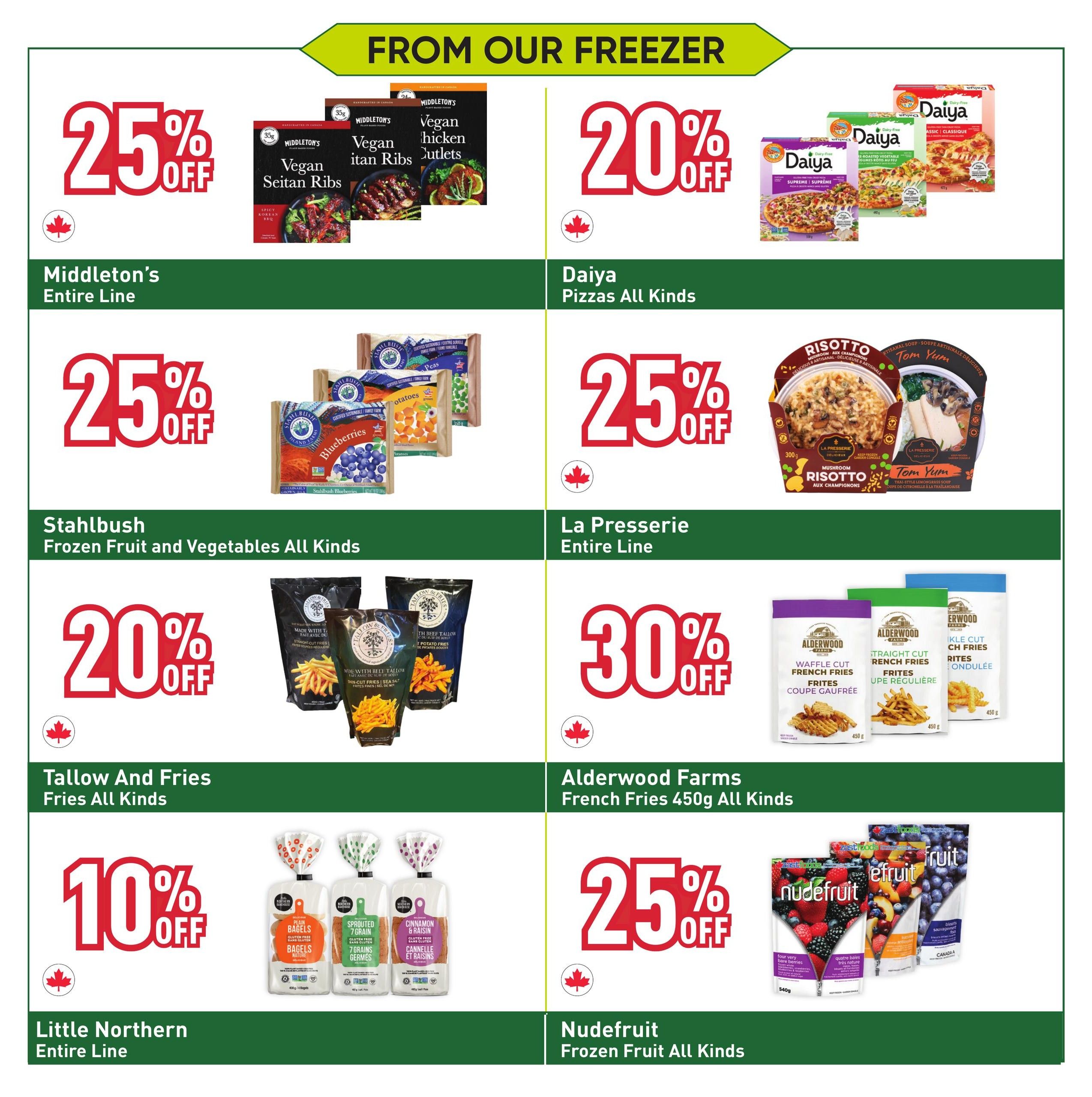 Healthy Planet flyer page 12 featuring frozen food deals. Save 25% off Middleton's entire line of Vegan Seitan Ribs and Vegan Chicken Cutlets. Get 20% off Daiya Pizzas, all kinds. Stahlbush Frozen Fruit and Vegetables are 25% off. La Presserie Risotto and Tom Yum soups are 30% off. Tallow and Fries, all kinds, are 20% off. Little Northern Bagels, all kinds, are 10% off. Nudefruit Frozen Fruit, all kinds, is 25% off.