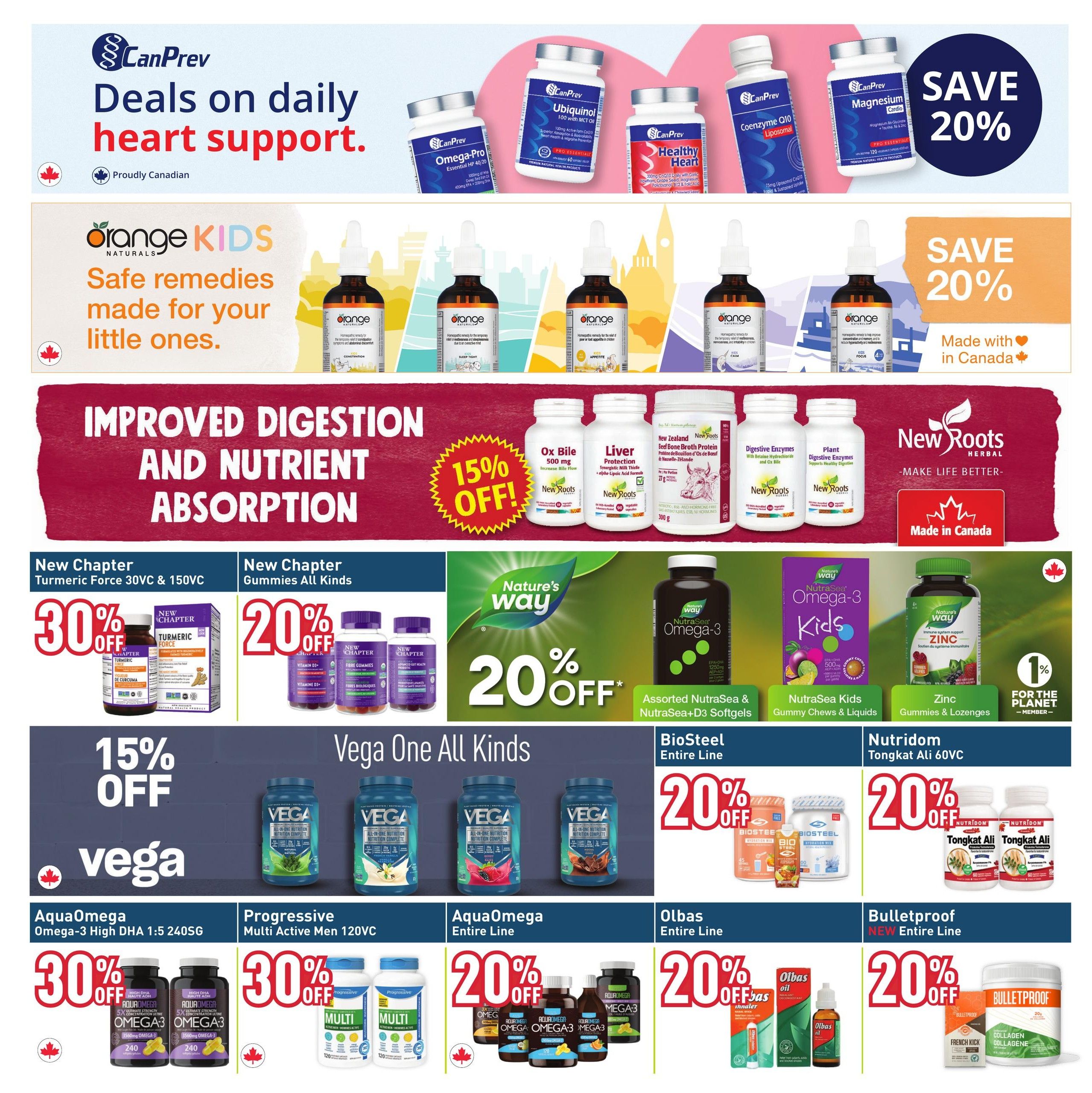 Healthy Planet flyer page 19 features deals on daily heart support products from CanPrev, including Omega-Pro, Ubiquinol, and Healthy Heart, with a 20% savings on Magnesium Cardio. Orange Naturals Kids offers safe remedies for children. The page highlights improved digestion and nutrient absorption with New Roots products like Ox Bile, Liver Protection, Digestive Enzymes, and Plant Digestive Enzymes, with a 15% discount on some items. New Chapter Turmeric Force 30VC & 150VC is 30% off, and New Chapter Gummies All Kinds are 20% off. Nature's Way NutraSea Omega-3 Kids Gummy Chews & Liquids and NutraSea Omega-3 Adults Softgels are 20% off, as is Nature's Way Zinc Gummies & Lozenges. Vega One All Kinds protein products are featured with 15% off. AquaOmega Omega-3 High DHA 1:5 240SG and Progressive Multi Active Men 120VC are 30% off. Olbas Entire Line is 20% off, and Bulletproof Entire Line, including Collagen, is 20% off. Nutridom Tongkat Ali 60VC is also on sale.