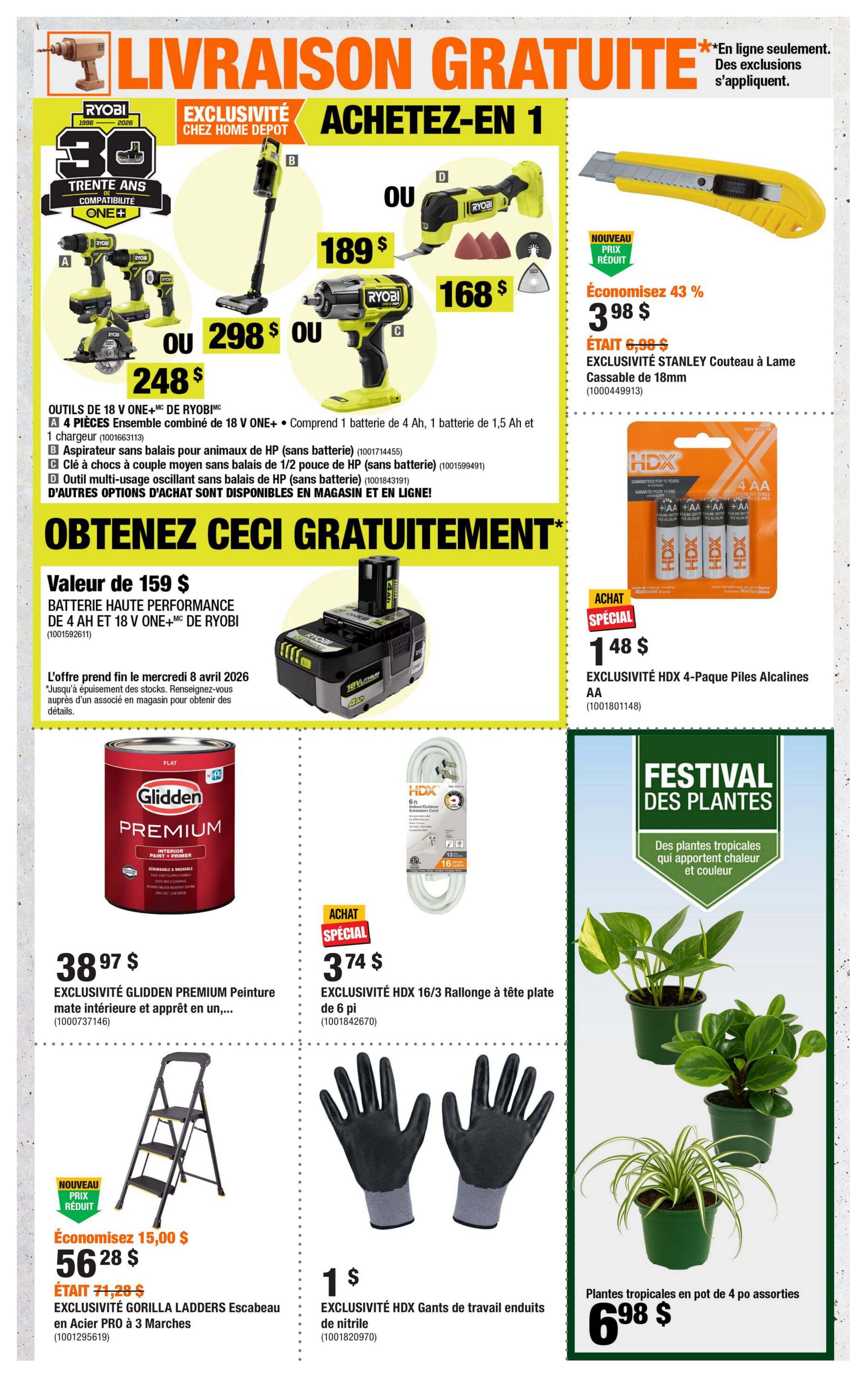 Home Depot flyer page 2 features free delivery on orders over $30 or $298. Ryobi 30th anniversary ONE+ compatibility sale includes a 4-piece combo kit for $189, a cordless stick vacuum for $298, an impact wrench for $248, and an oscillating multi-tool for $168. Also available is a free high-performance 4 Ah 18V ONE+ battery with purchase of select items. Special offers include Glidden Premium interior paint and primer for $38.97, HDX 6 ft indoor/outdoor flat-head extension cord for $3.74, and HDX 4-pack alkaline AA batteries for $1.48. The Gorilla Ladders PRO 3-step steel stepladder is on sale for $56.28 (was $71.28), saving $15.00. HDX nitrile-coated work gloves are $1. Tropical plants in assorted 4-inch pots are available for $6.98.98.98. A Stanley 18mm retractable utility knife is on sale for $3.98, a 43% discount.