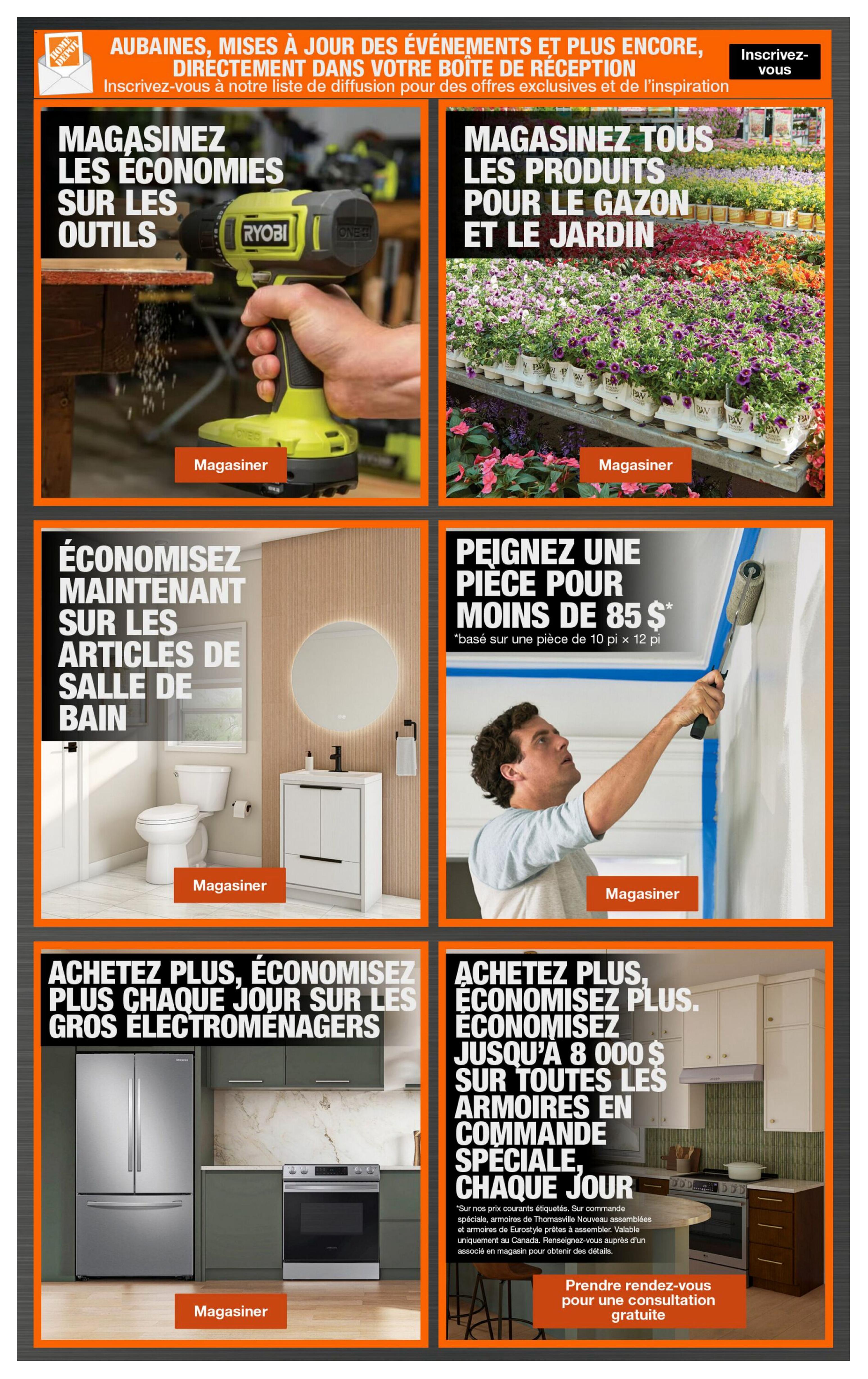 Home Depot flyer page 9 features savings on tools, lawn and garden products, bathroom fixtures, and kitchen cabinetry. Top left: 'Save on tools' with an image of a Ryobi drill. Top right: 'Save on all lawn and garden products' with a display of flowering plants. Middle left: 'Save now on bathroom articles' featuring a toilet and vanity. Middle right: 'Paint a room for less than $85' with a person painting a wall, based on a 10 ft x 12 ft room. Bottom left: 'Buy more, save more on major appliances' with a Samsung refrigerator and a range. Bottom right: 'Buy more, save more on all custom order cabinets, special, every day' with kitchen cabinetry and appliances. A promotion offers a free consultation. 'Shop' buttons are present for each section.