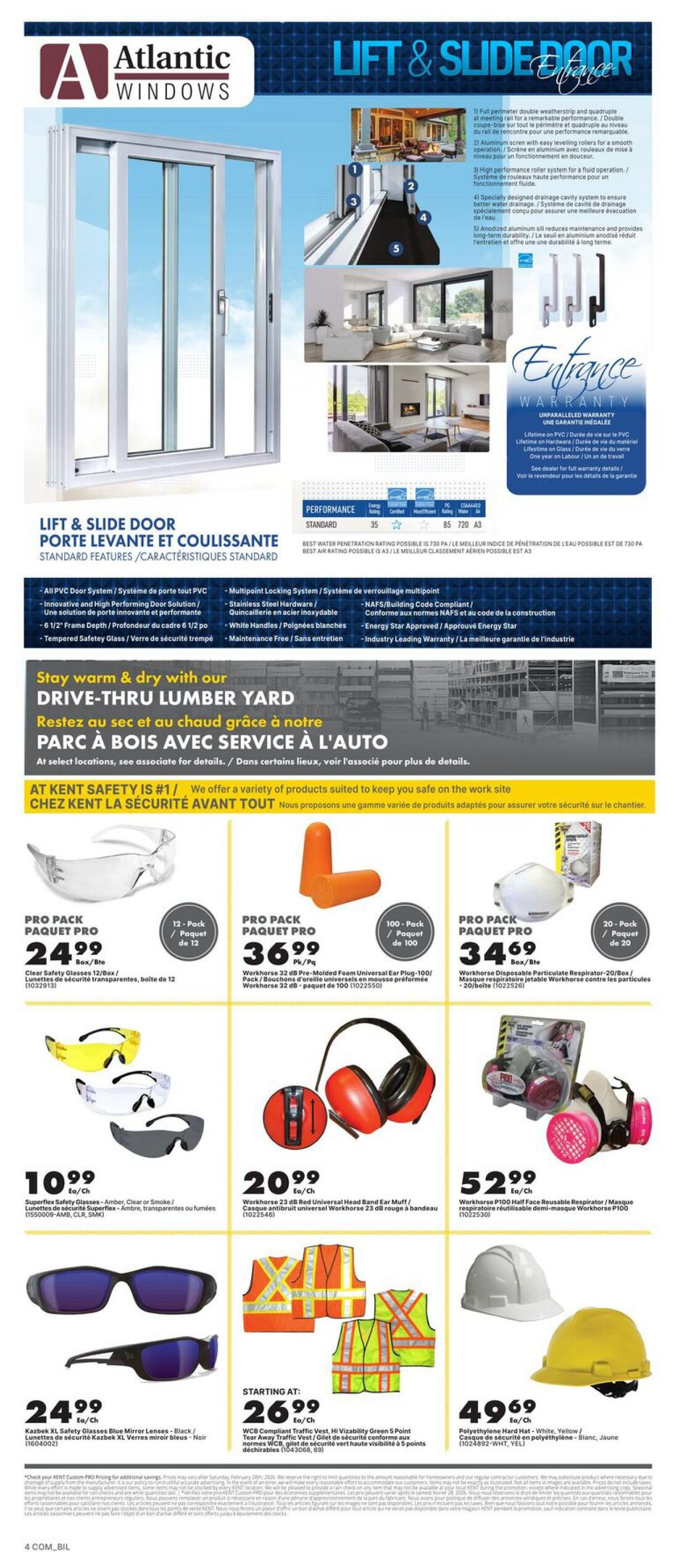 Page 4 of the kent flyer features Atlantic Windows Lift & Slide Doors with a lifetime warranty on PVC and glass, and a one-year warranty on labour. The page also highlights safety gear, including Pro Pack Clear Safety Glasses for $24.99, Workhorse 32 dB Pre-Molded Foam Universal Ear Plugs (100-pack) for $36.99, and Workhorse Disposable Particulate Respirator-20/Box for $34.69. Additional safety items include Superflex Safety Glasses in Amber, Clear, or Smoke for $10.99, Workhorse 23 dB Red Universal Head Band Ear Muffs for $20.99, Kazbek XL Safety Glasses Blue Mirror Lenses for $24.99, WCB Compliant Traffic Vests starting at $26.99, and Polyethylene Hard Hats in White, Yellow, or Black for $49.69. The flyer also promotes a drive-thru lumber yard service.