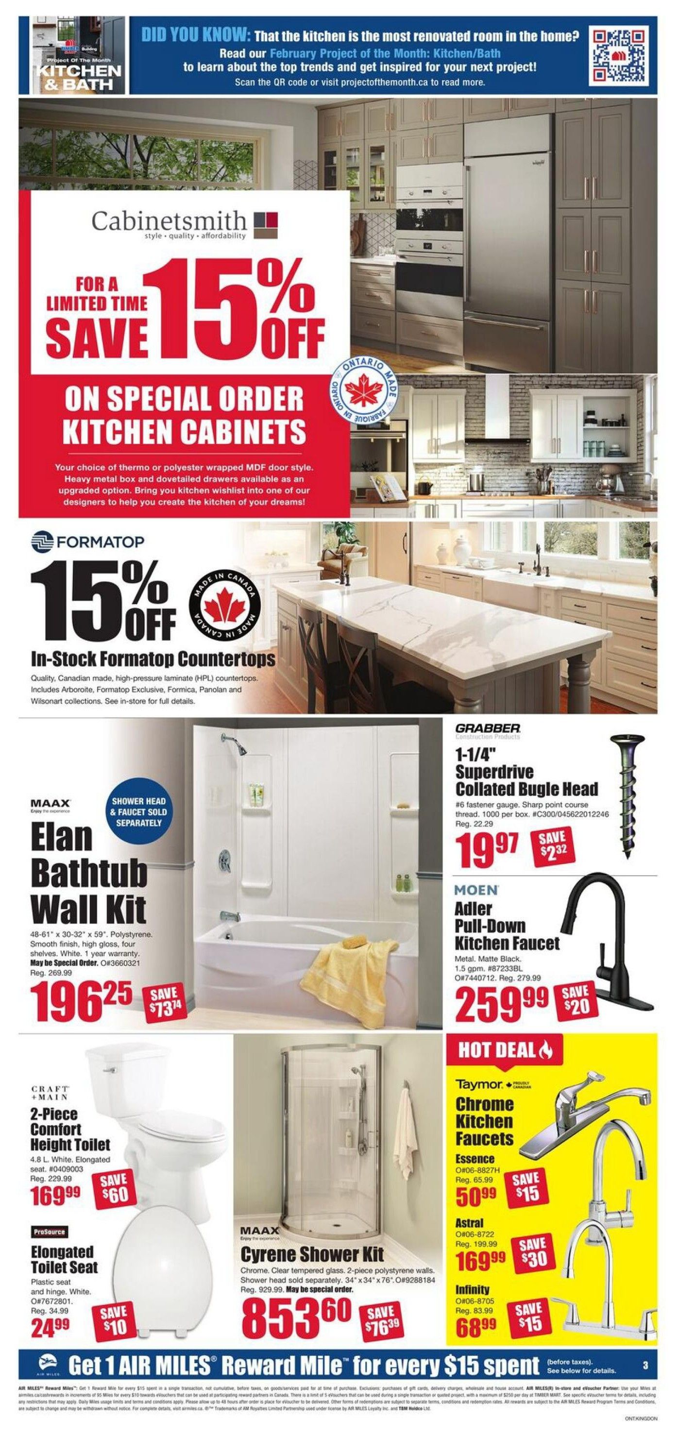 Timber Mart flyer specials page 3 features a 'Kitchen & Bath' section with a 'Did You Know' tip about kitchen renovations. Special offers include 15% off on special order kitchen cabinets and 15% off in-stock Formatop countertops. Featured products include the MAAX Elan Bathtub Wall Kit for $196.25 (save $73.74), GRABBER 1-1/4' Superdrive Collated Bugle Head screws for $19.97 (save $2.32), MOEN Adler Pull-Down Kitchen Faucet for $259.99 (save $20), CRAFT + MAIN 2-Piece Comfort Height Toilet for $169.99 (save $60), ProSource Elongated Toilet Seat for $24.99 (save $10), and MAAX Cyrene Shower Kit for $853.60 (save $76.39). Also available are Taymor Chrome Kitchen Faucets: Essence for $50.99 (save $15), Astral for $169.99 (save $30), and Infinity for $68.99 (save $15). The page also promotes 'Get 1 AIR MILES Reward Mile for every $15 spent' (before taxes).