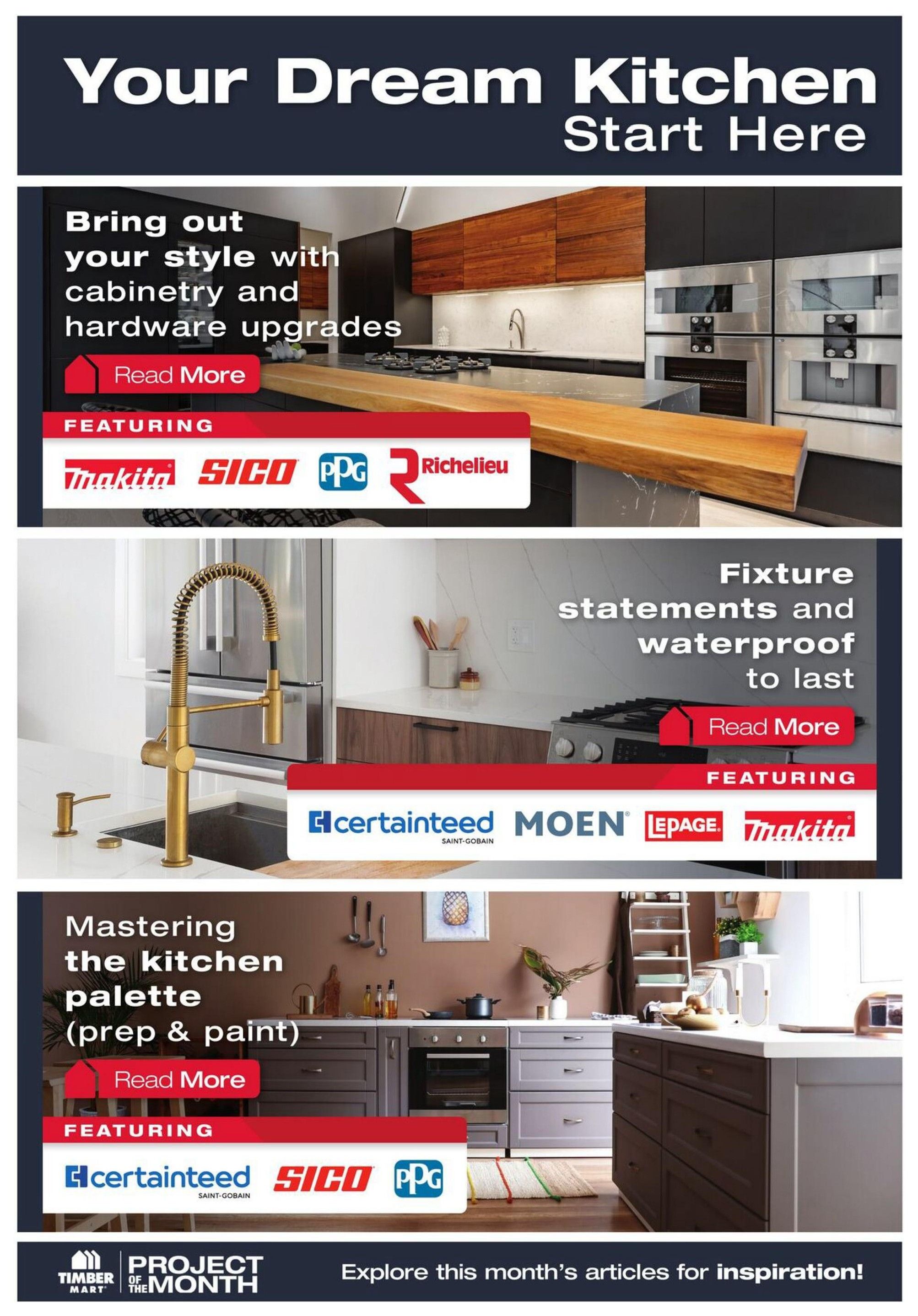 Timber Mart flyer page 7, featuring 'Your Dream Kitchen Start Here'. The page is divided into three sections. The top section showcases cabinetry and hardware upgrades with a 'Read More' button and features Makita, SICO, PPG, and Richelieu. The middle section highlights 'Fixture statements and waterproof to last' with a 'Read More' button and features CertainTeed, MOEN, LePage, and Makita. The bottom section discusses 'Mastering the kitchen palette (prep & paint)' with a 'Read More' button and features CertainTeed, SICO, and PPG. The page also includes a 'Project of the Month' section with Timber Mart branding and an invitation to 'Explore this month's articles for inspiration!'.
