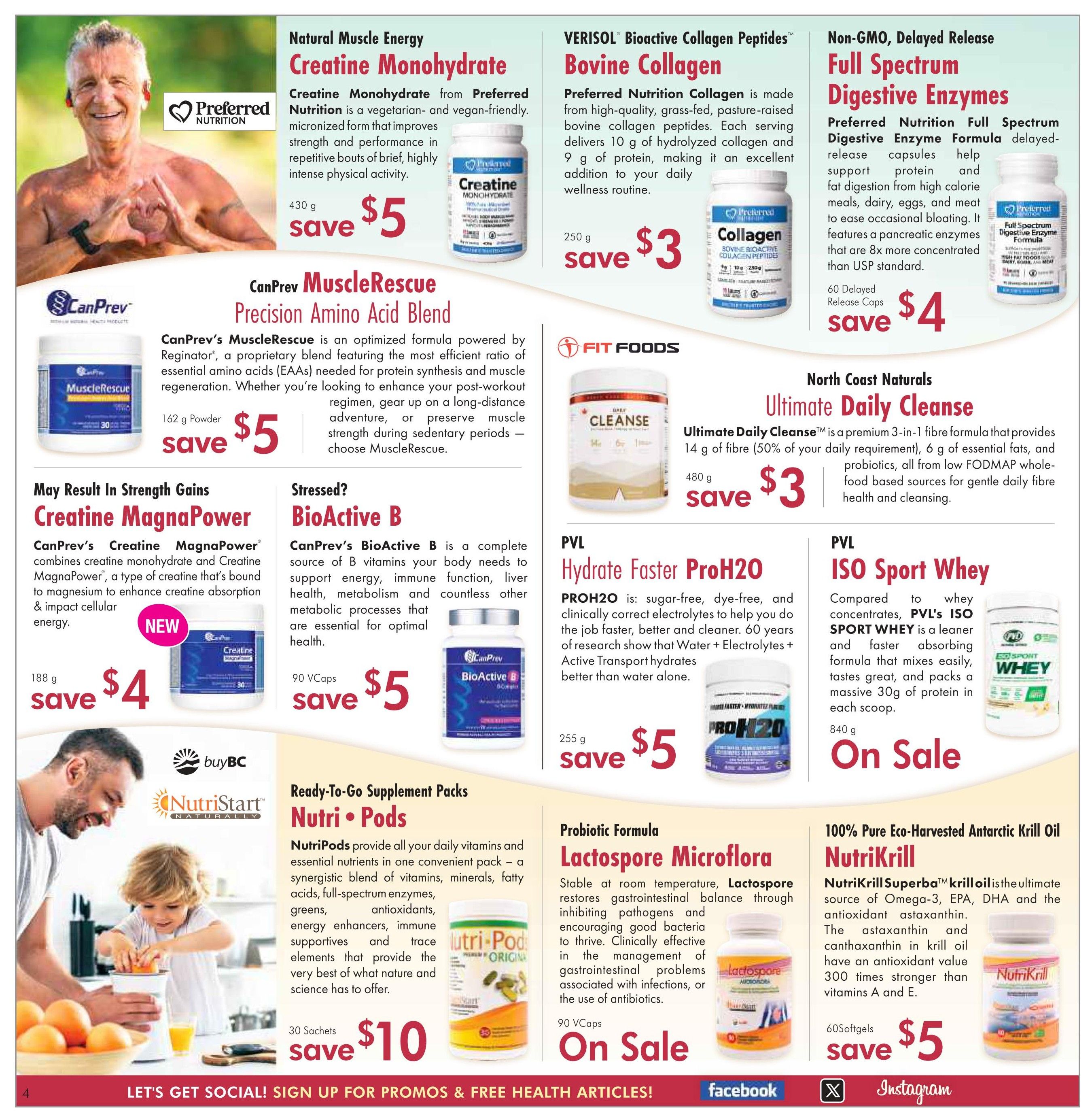 Lifestyle Markets flyer page 4 features a variety of health supplements. Preferred Nutrition Natural Muscle Energy Creatine Monohydrate is on sale for $5 for 430g. VERISOL Bioactive Collagen Peptides Bovine Collagen is $3 for 250g. Preferred Nutrition Full Spectrum Digestive Enzymes are $4 for 60 delayed release capsules. CanPrev MuscleRescue Precision Amino Acid Blend is $5 for 162g powder. CanPrev Creatine MagnaPower is on sale for $4 for 188g. CanPrev BioActive B is $5 for 90 VCaps. Fit Foods Ultimate Daily Cleanse is $3 for 480g. PVL Hydrate Faster PROH2O is $5 for 255g. PVL ISO Sport Whey is on sale. NutriStart NutriPods are $10 for 30 sachets. Lactospore Microflora is on sale for 90 VCaps. NutriKrill Superba Krill Oil is $5 for 60 softgels.