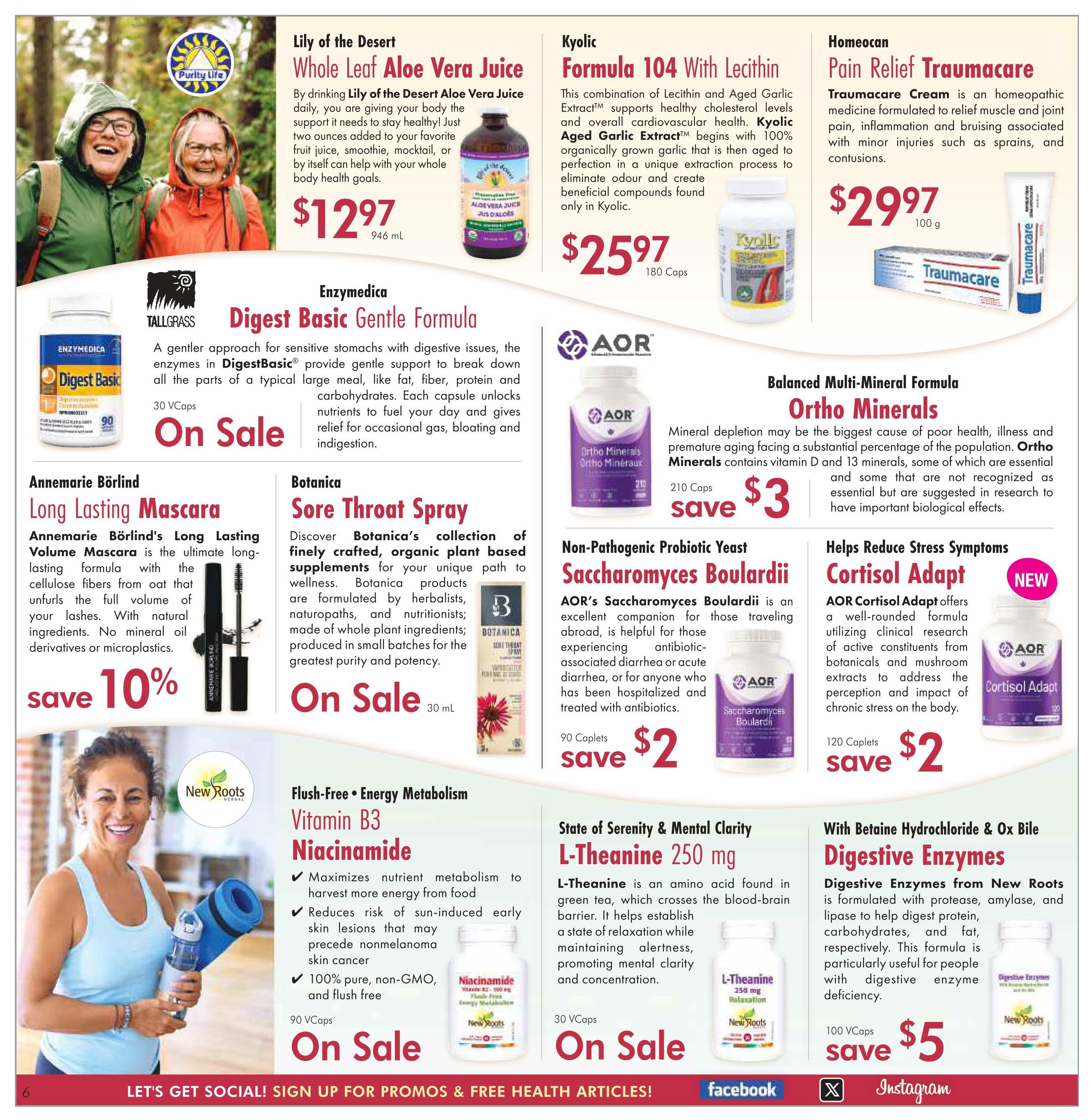 Lifestyle Markets flyer page 6 features various health and wellness products. Top row includes Lily of the Desert Whole Leaf Aloe Vera Juice for $12.97 (946 mL), Kyolic Formula 104 With Lecithin for $25.97 (180 Caps), and Homeocan Pain Relief Traumacare Cream for $29.97 (100 g). Middle row showcases Enzymedica Digest Basic Gentle Formula on sale, Annemarie Börlind Long Lasting Mascara with a 10% discount, Botanica Sore Throat Spray on sale (30 mL), AOR Ortho Minerals on sale with a $3 saving (210 Caps), and AOR Cortisol Adapt on sale with a $2 saving (120 Caplets). Bottom row highlights New Roots Niacinamide on sale (90 VCaps), L-Theanine 250 mg on sale (30 VCaps), and New Roots Digestive Enzymes for $5 (100 VCaps). The page also includes social media links for Facebook and Instagram.