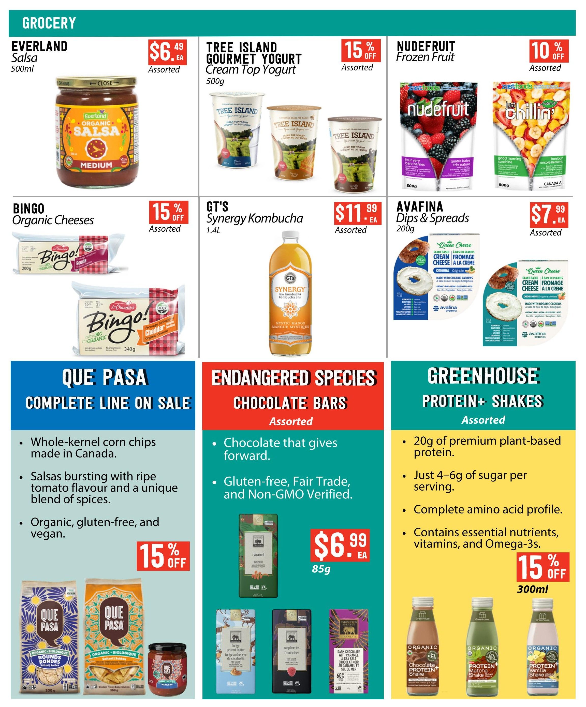 Pomme Natural Market flyer specials page 2 features a variety of grocery items. On sale is Everland Organic Salsa 500ml for $6.49. Tree Island Gourmet Yogurt Cream Top Yogurt 500g is 15% off. NUDEFRUIT Frozen Fruit, including 'four very bare berries' and 'just chillin'' mixes, is 10% off. BINGO Organic Cheeses, including Cheddar and Gouda varieties in 200g and 340g sizes, are 15% off. GT'S Synergy Kombucha 1.4L is $11.99. AVAFINA Plant Based Cream Cheese Dips & Spreads 200g are $7.99. Que Pasa whole-kernel corn chips, salsas, and organic, gluten-free, vegan products are on sale with 15% off. Endangered Species Chocolate Bars 85g are $6.99, featuring gluten-free, Fair Trade, and Non-GMO Verified options like Caramel, Fudgey Peanut Butter, Raspberries, and Dark Chocolate with Caramel & Sea Salt (60% off). Greenhouse Protein+ Shakes 300ml are 15% off, offering 20g of plant-based protein per serving with low sugar and essential nutrients.