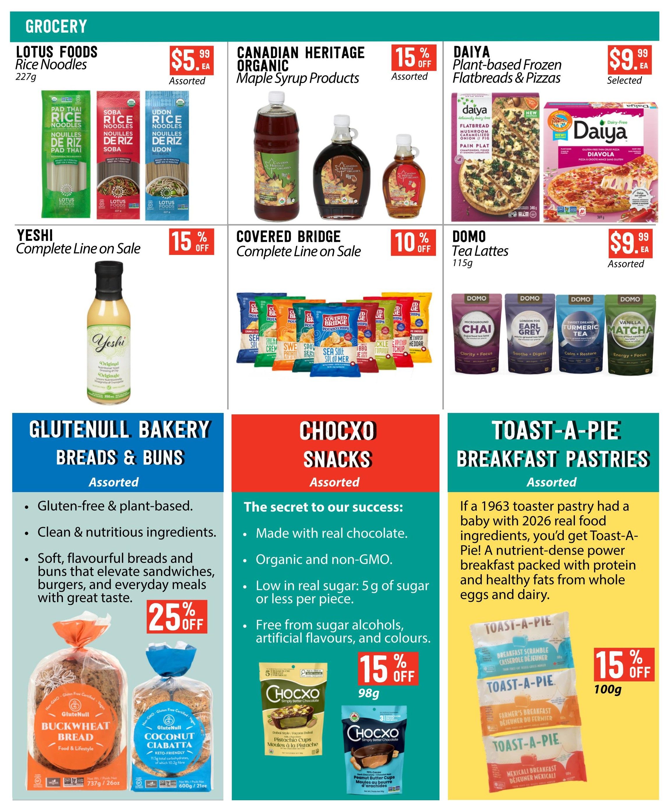 Pomme Natural Market flyer specials page 5 features Lotus Foods Rice Noodles in Pad Thai, Soba, and Udon varieties for $5.99 EA. Canadian Heritage Organic Maple Syrup Products are 15% off. Daiya Plant-based Frozen Flatbreads & Pizzas are $9.99 EA. Yeshi Nutritional Yeast Dressing & Dip is on sale with 15% off. Covered Bridge Potato Chips are 10% off. Domo Tea Lattes, including Chai, Earl Grey, Turmeric Tea, and Vanilla Matcha, are $9.99 EA. Also featured are Glutenull Bakery Breads & Buns, including Buckwheat Bread and Coconut Ciabatta, with 25% off. Chocxo Snacks, such as Pistachio Cups and Peanut Butter Cups, are 15% off. Toast-A-Pie Breakfast Pastries are 15% off for 100g.