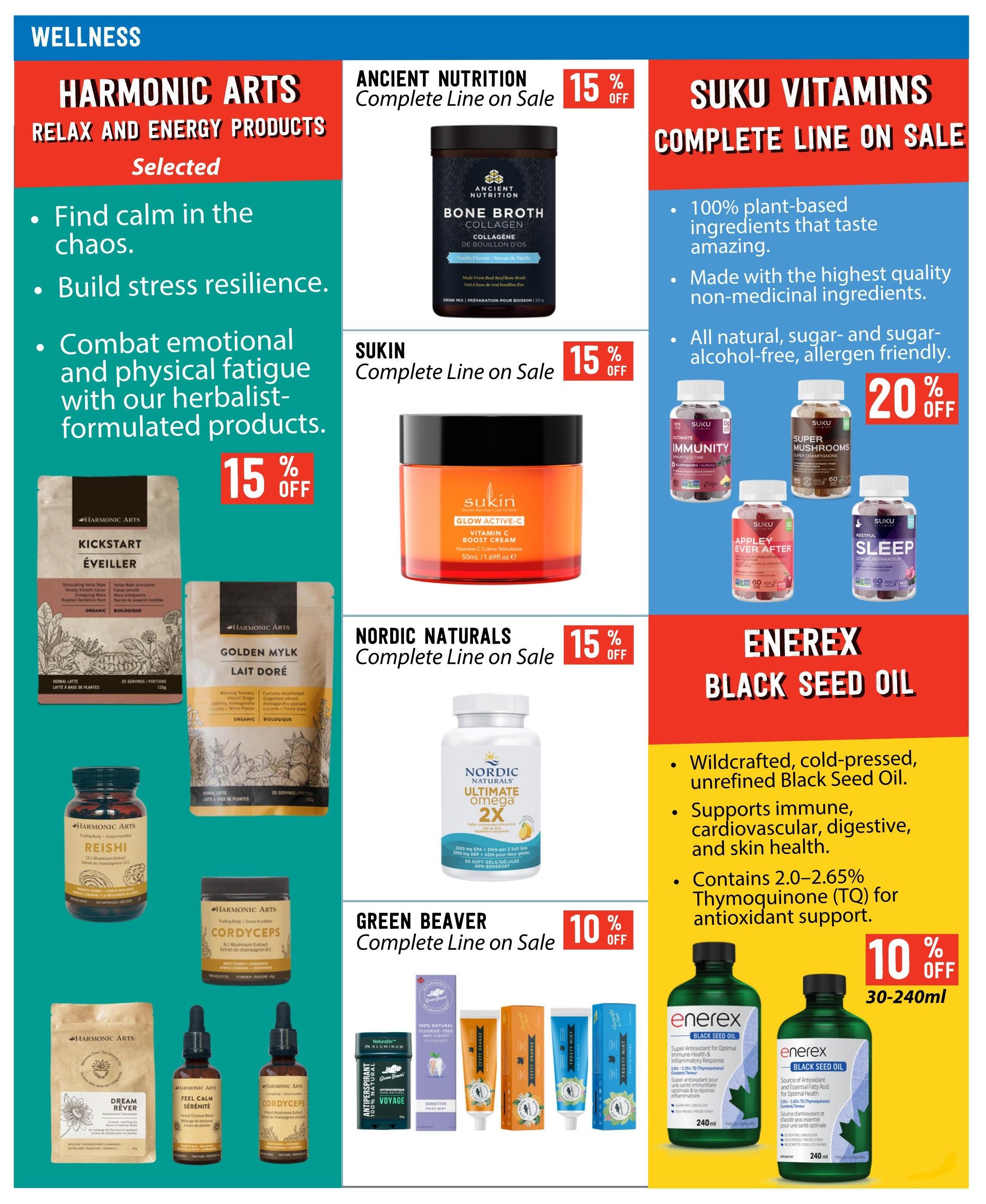 Pomme Natural Market flyer page 10 features wellness products. Harmonic Arts Relax and Energy Products are selected, with benefits like finding calm, building stress resilience, and combating fatigue, offered at 15% off. Featured Harmonic Arts products include Kickstart Éveiller, Golden Mylk Lait Doré, Reishi, Cordyceps, and Dream Rever. Ancient Nutrition Bone Broth Collagen is on sale for 15% off. Sukin Vitamin C Boost Cream is also 15% off. Suku Vitamins offers a complete line on sale with 20% off, featuring Ultimate Immunity Elderberry, Super Mushrooms, Appley Ever After Apple Cider Vinegar Gummies, and Restful Sleep. Nordic Naturals Ultimate Omega 2X is on sale for 15% off. Green Beaver offers its complete line on sale for 10% off, including Antiperspirant Voyage and Natural Fluoride-Free Anti-Cavity Toothpaste in Zesty Orange and Frosty Mint. Enerex Black Seed Oil is 10% off for 30-240ml bottles, highlighted for supporting immune, cardiovascular, digestive, and skin health.
