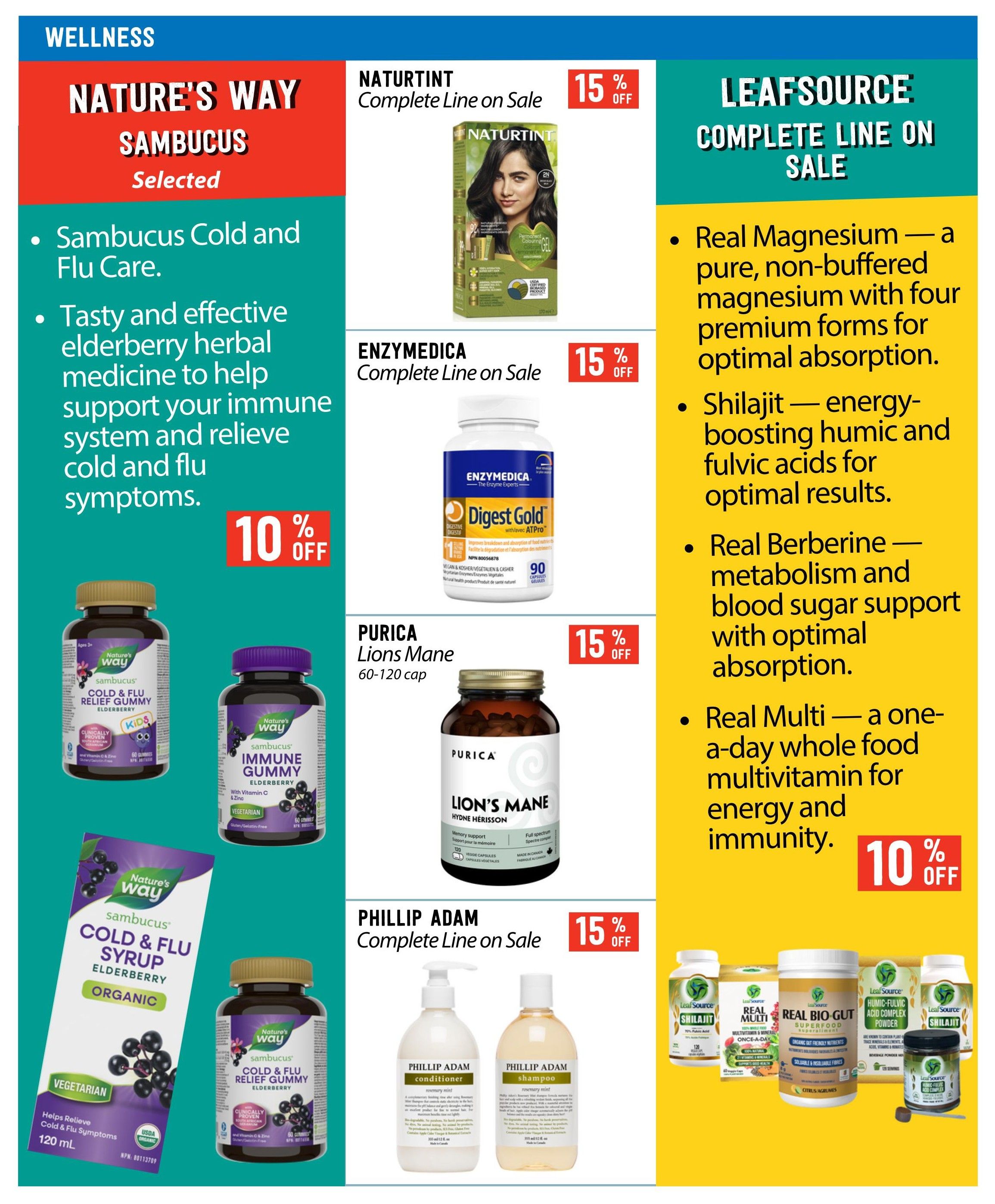 Wellness page from Pomme Natural Market flyer featuring Nature's Way Sambucus Cold and Flu Care products, including Sambucus Cold & Flu Syrup Elderberry Organic 120 mL, Nature's Way Sambucus Cold & Flu Relief Gummy Elderberry (60 gummies), and Nature's Way Sambucus Immune Gummy Elderberry (60 gummies). Also on sale is the complete line of Naturtint hair colour products with 15% off. Enzymedica Digest Gold with ATPro capsules (90 count) are 15% off. Purica Lion's Mane 60-120 cap is 15% off. Phillip Adam Rosemary Mint Conditioner and Shampoo are on sale. Leafsource products are featured, including Real Magnesium, Shilajit, Real Berberine, and Real Multi one-a-day whole food multivitamin, with 10% off on select items. The Nature's Way Sambucus products have 10% off selected items.