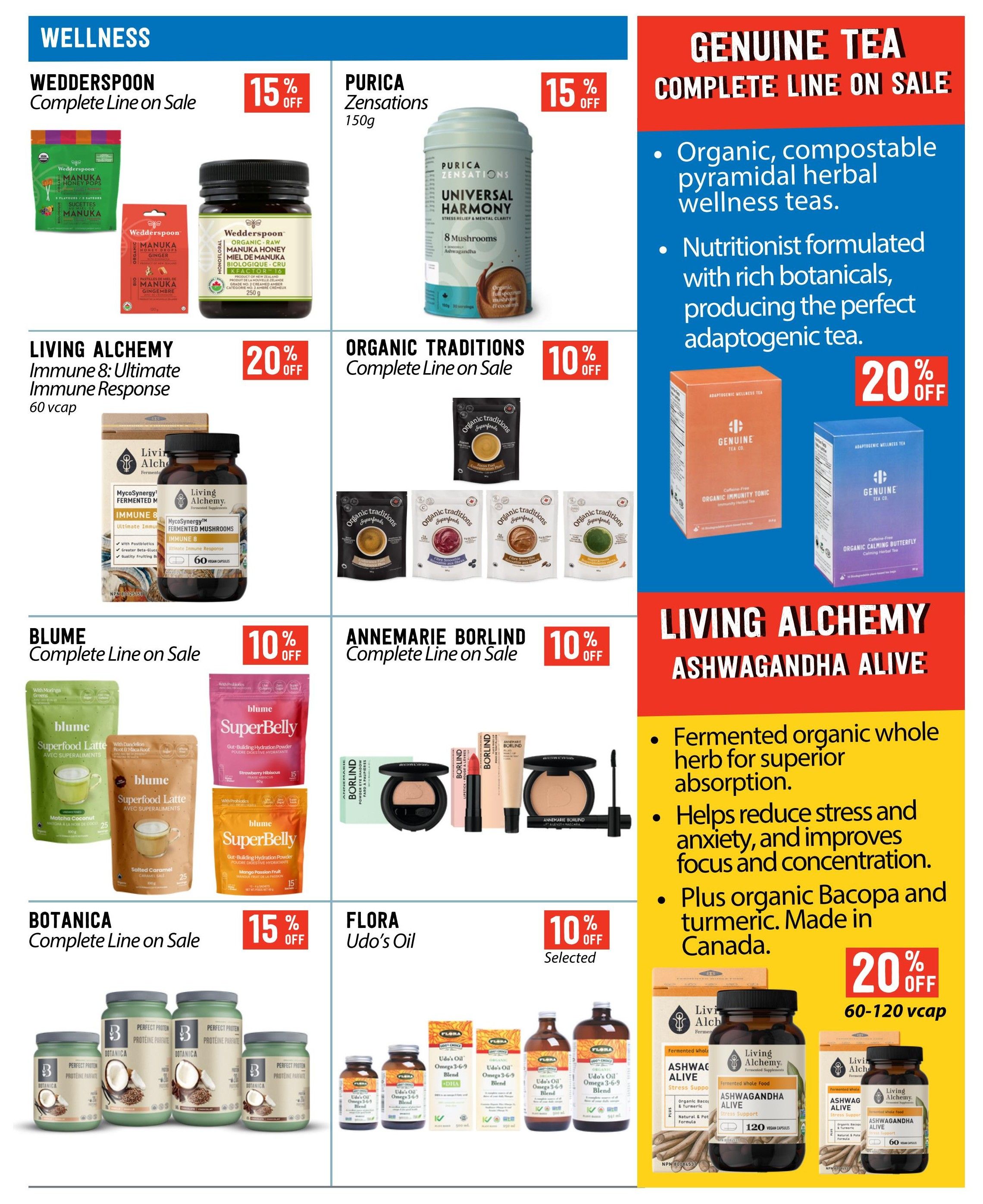 Pomme Natural Market flyer specials page 12 features a wellness section with various products on sale. Wedderspoon Manuka Honey Pops and Manuka Honey are 15% off. Purica Zensations Universal Harmony 8 Mushrooms is 15% off. Living Alchemy Immune 8: Ultimate Immune Response (60 vcap) is 20% off. Organic Traditions Superfoods are 10% off, including Focus and Fibre Smoothie blends. Blume Superfood Lattes and SuperBelly Gut-Building Hydration Powders are 10% off. Annemarie Borlind cosmetics, including eyeshadow, lipstick, fluid, and mascara, are 10% off. Botanica Perfect Protein is 15% off. Flora Udo's Oil Omega 3-6-9 Blend is 10% off selected items. Genuine Tea offers a complete line of adaptogenic wellness teas on sale, with 20% off Organic Immunity Tonic and Organic Calming Butterfly teas. Living Alchemy Ashwagandha Alive (60-120 vcap) is 20% off, featuring fermented organic whole herb for stress and anxiety relief, made in Canada.