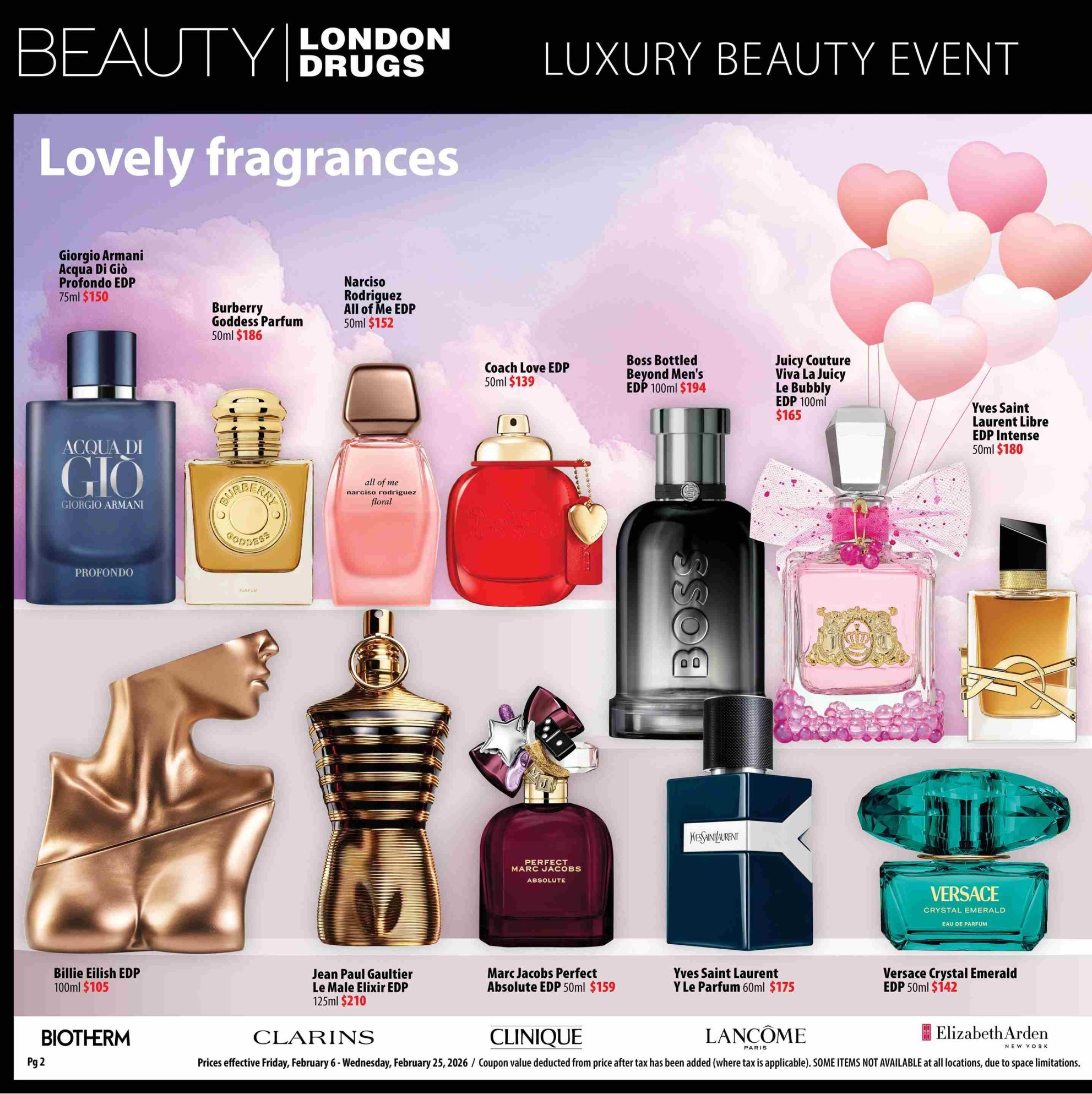 London Drugs Luxury Beauty Event page 2 features a selection of lovely fragrances. Top row includes Giorgio Armani Acqua Di Giò Profondo EDP 75ml for $150, Narciso Rodriguez All of Me EDP 50ml for $152, Burberry Goddess Parfum 50ml for $186, Coach Love EDP 50ml for $139, Boss Bottled Beyond Men's EDP 100ml for $194, Juicy Couture Viva La Juicy Le Bubbly EDP 100ml for $165, and Yves Saint Laurent Libre EDP Intense 50ml for $180. Bottom row showcases Billie Eilish EDP 100ml for $105, Jean Paul Gaultier Le Male Elixir EDP 125ml for $210, Marc Jacobs Perfect Absolute EDP 50ml for $159, Yves Saint Laurent Y Le Parfum 60ml for $175, and Versace Crystal Emerald EDP 50ml for $142. Brands featured include Biotherm, Clarins, Clinique, Lancôme, and Elizabeth Arden. Prices are effective February 6 - February 25, 2026.