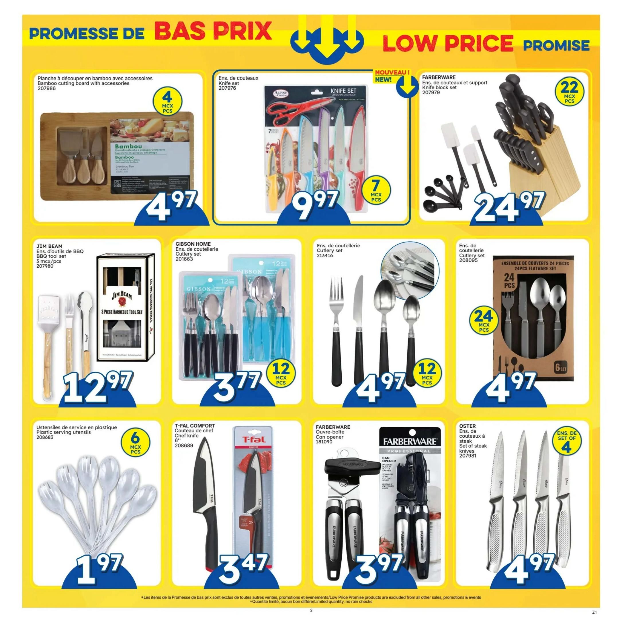 Rossy flyer page 3 features kitchenware deals. A Bamboo cutting board with accessories is $4.97 (4 pcs). A new Alpine Cuisine knife set is $9.97 (7 pcs). Farberware offers a 22-piece knife block set for $24.97. Jim Beam presents a 3-piece BBQ tool set for $12.97. Gibson Home cutlery sets are available for $3.77 (12 pcs) and a 24-piece flatware set for $4.97 (6 sets). Plastic serving utensils are $1.97 (6 pcs). A T-Fal Comfort chef knife is $3.47. Farberware can openers are $3.97. Oster steak knives come in a 4-piece set for $4.97.