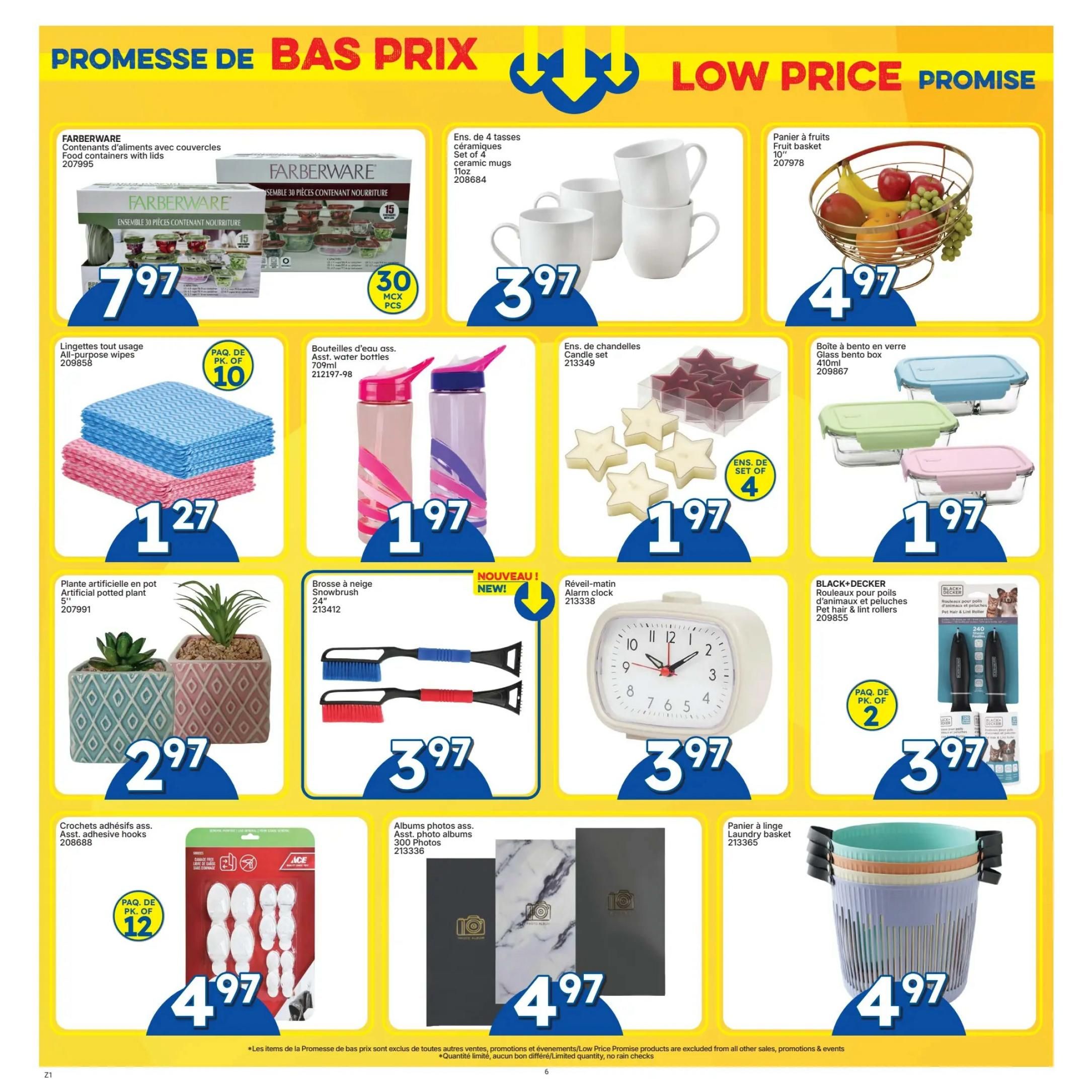 Rossy flyer page 6 features a Low Price Promise section. Featured items include Farberware 30-piece food containers with lids for $7.97, a set of 4 ceramic mugs (11oz) for $3.97, and a fruit basket for $4.97. Also available are all-purpose wipes, 10-pack, for $1.27; assorted water bottles (709ml) for $1.97; a 4-pack of star-shaped candle sets for $1.97; and glass bento boxes (410ml) for $1.97. Additional offers include artificial potted plants for $2.97, a 24' snowbrush for $3.97, an alarm clock for $3.97, Black+Decker pet hair and lint rollers (2-pack) for $3.97, assorted adhesive hooks (12-pack) for $4.97, assorted 300-photo albums for $4.97, and a laundry basket for $4.97.