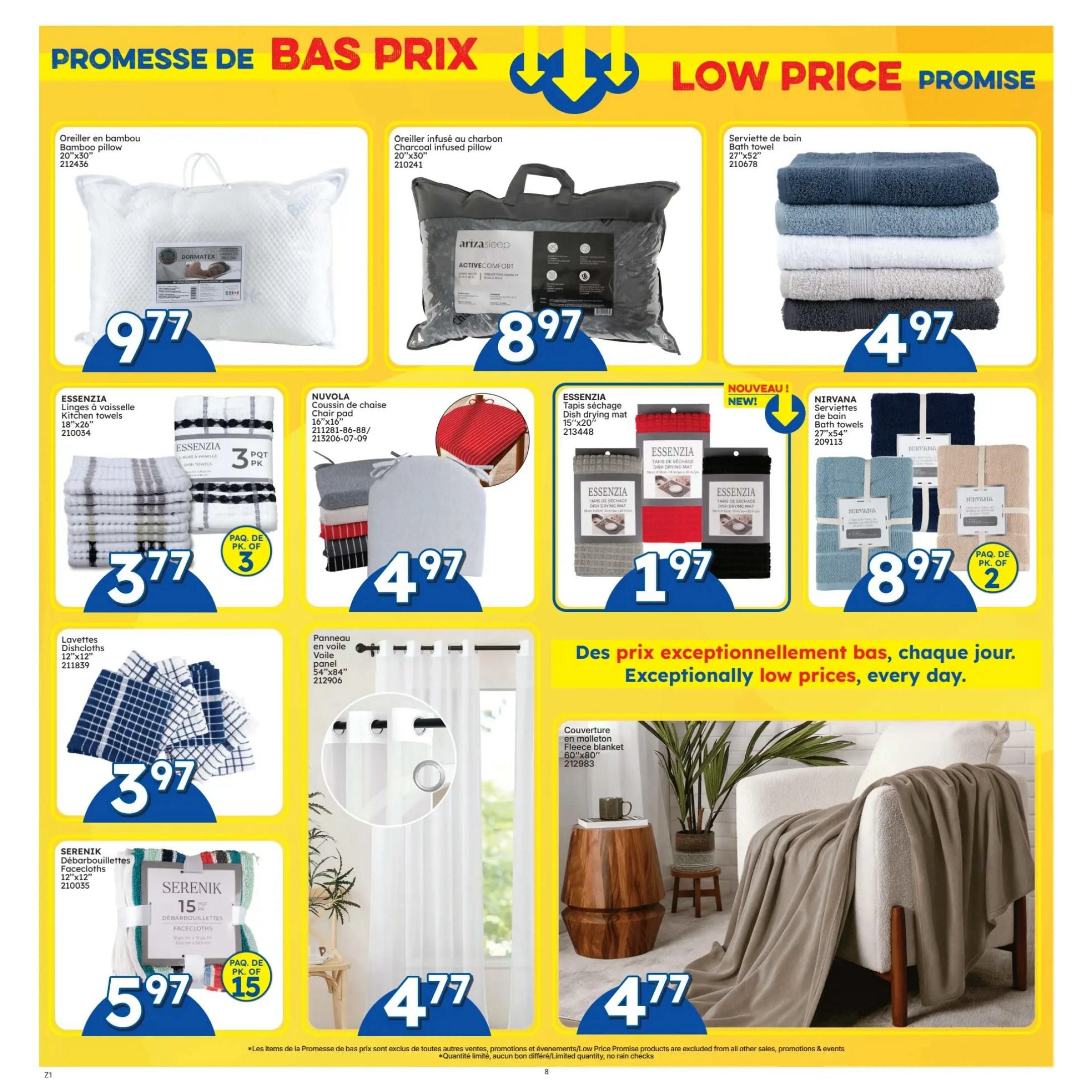 Rossy flyer page 8 features home essentials with low prices. Offers include an Essenzia Bamboo Pillow for $9.77, and an Ariza Sleep Charcoal Infused Pillow for $8.97. Bath towels are available, with a 27'x52' bath towel for $4.97 and Nirvana Bath Towels (27'x54') in a 2-pack for $8.97. Kitchen and dish towels are also featured: Essenzia Kitchen Towels (18'x26') in a 3-pack for $3.77, and Nuvola Chair Pads (16'x16') for $4.97. Dishcloths are available, including Serenik Dishcloths (12'x12') in a 15-pack for $5.97 and Lavettes Dishcloths (12'x12') for $3.97. Home decor items include Essenzia Dish Drying Mats (15'x20') for $1.97, Voile Panels (54'x84') for $4.77, and a Fleece Blanket (60'x80') for $4.77. The flyer highlights 'Exceptionally low prices, every day.