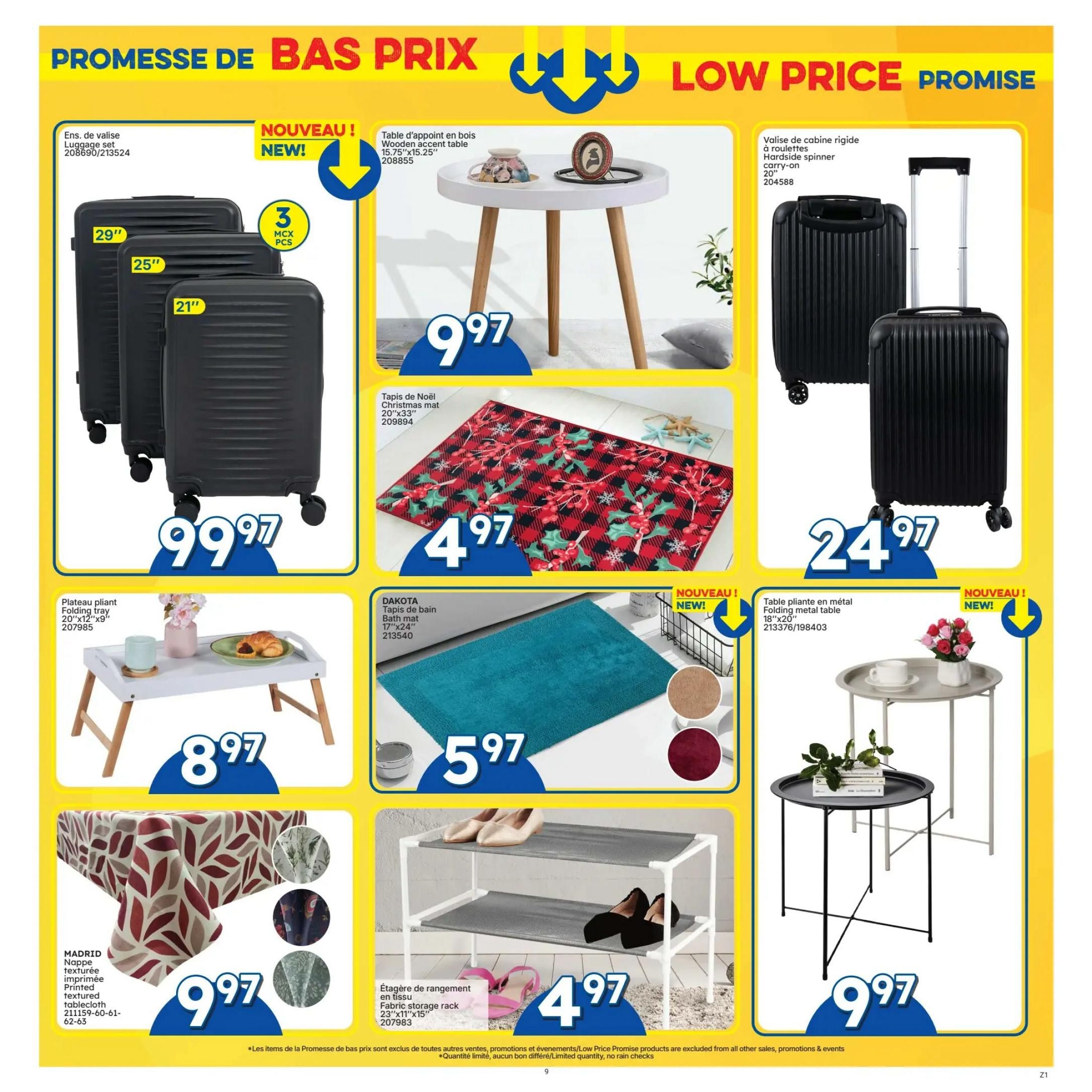Rossy flyer page 9 features a variety of home goods. A 3-piece luggage set (21', 25', 29') is available for $99.97. A wooden accent table, measuring 15.75'x15.25', is priced at $9.97. A hard-side spinner carry-on suitcase is $24.97. The MADRID printed textured tablecloth is $9.97. A folding tray table, 20'x12'x9', is $8.97. A Christmas mat, 20'x33', is on sale for $4.97. The DAKOTA bath mat, 17'x24', is $5.97. A 2-tier fabric storage rack, 23'x11'x15', is $4.97. A round folding metal table, 18'x20', is $9.97. Some items are marked as 'Nouveau!' or 'New!'.